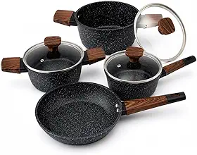 Conjunto de Panelas Antiaderente Granito Preto 4 Peças com Tampa Vidro Cabo Madeira – Jogo Panelas Pedra Cerâmica Frigideira Caçarola