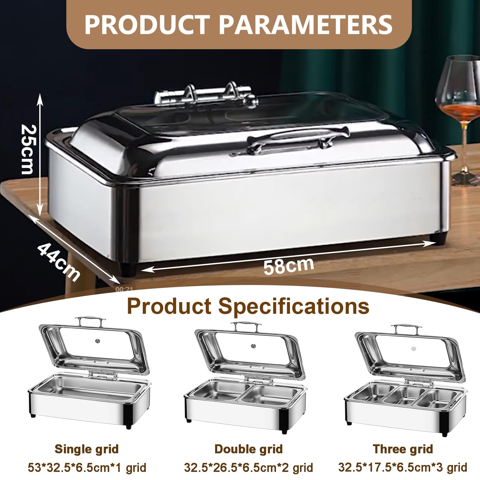 Chafing Dish Elettrico Professionale, 9L Scaldavivande Elettrico per Buffet, Acciaio Inox Chafing Dish Buffet con Coperchio Trasparente, Temperatura Regolabile (1/1)