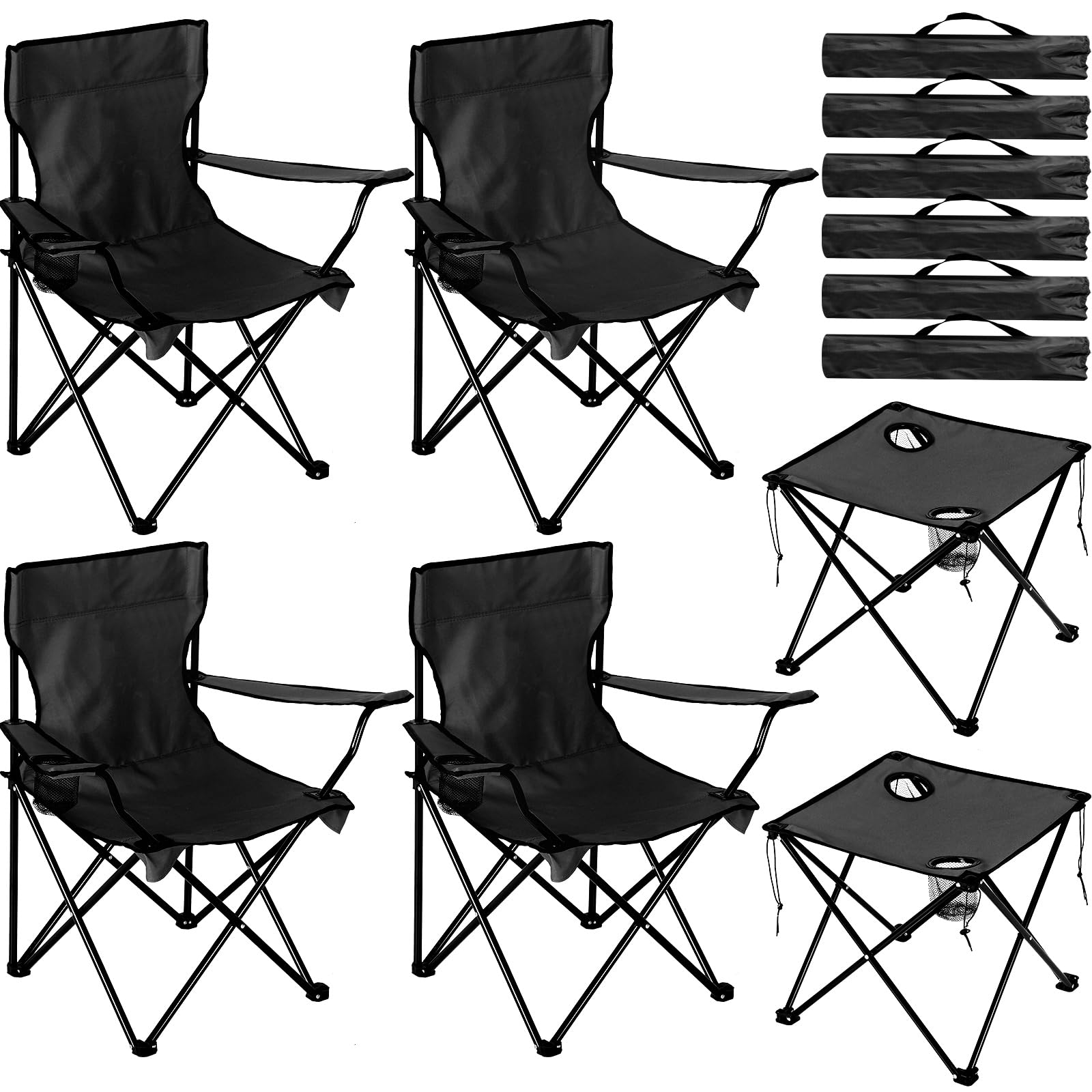 FairySandy 6 Pcs Camping Chairs with Table Heavy Duty Folding Chairs for Outside Camping Table Lawn Foldable Chair with Cup Holders Storage Bags Portable Sports Chairs for Adult Outdoor Travel (Black)