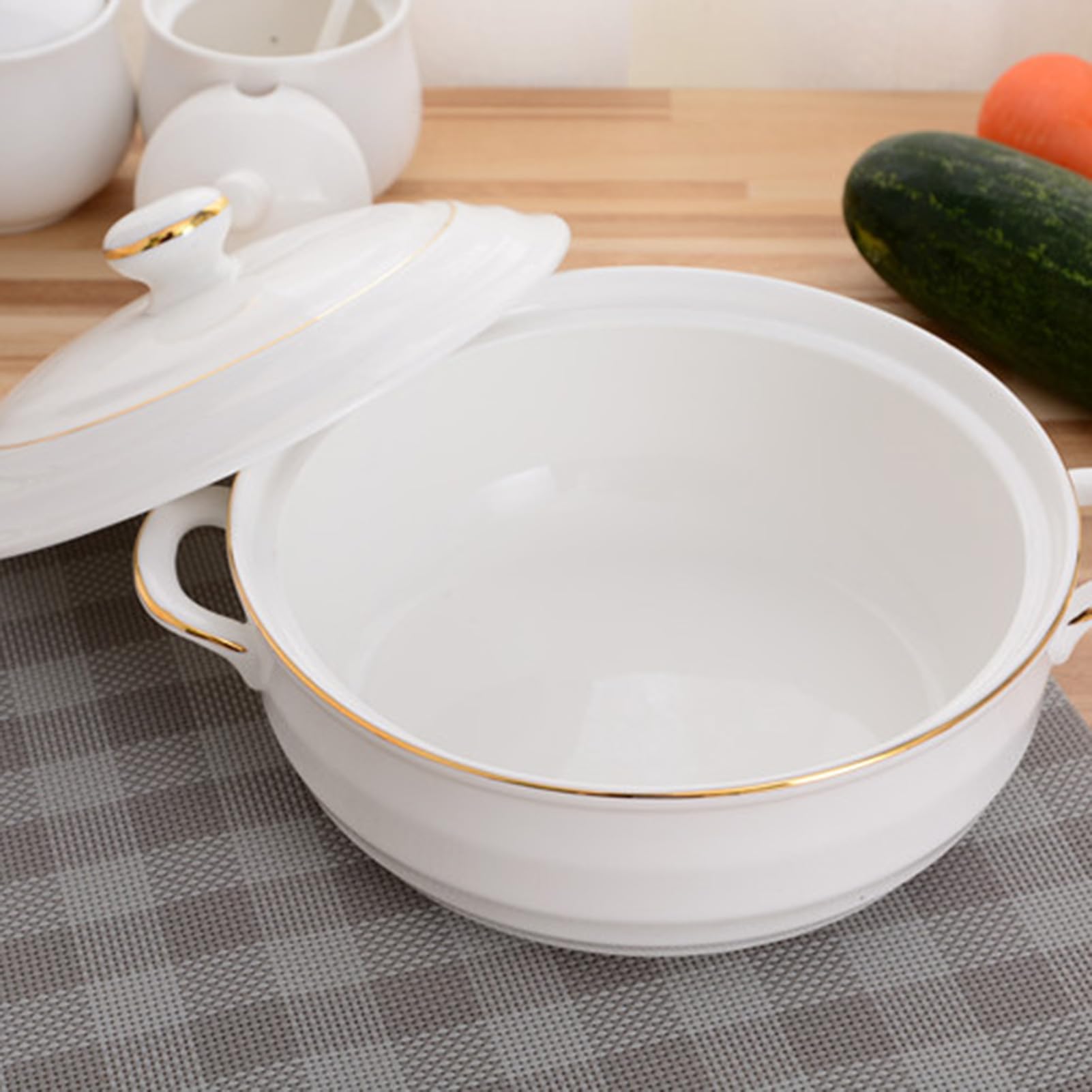 ceramiczny garnek do duszenia, Małe miedziane rondle, waza do zupy, biała porcelana, zestaw z pokrywką i chochlą, okrągły(White)