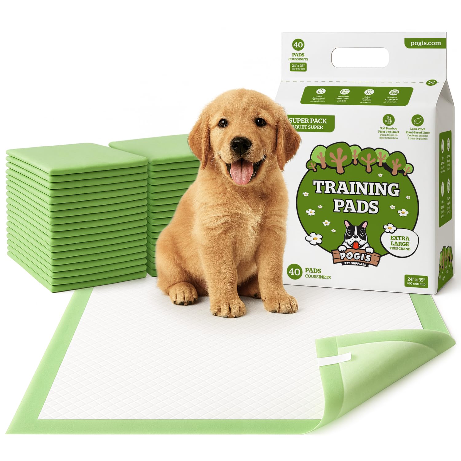 Pogi's Training Pads (40-Count) (24x35in) - Extra Large, Super Absorbent, Earth-Friendly Puppy Training Pads for Medium to Large Sized Dogs