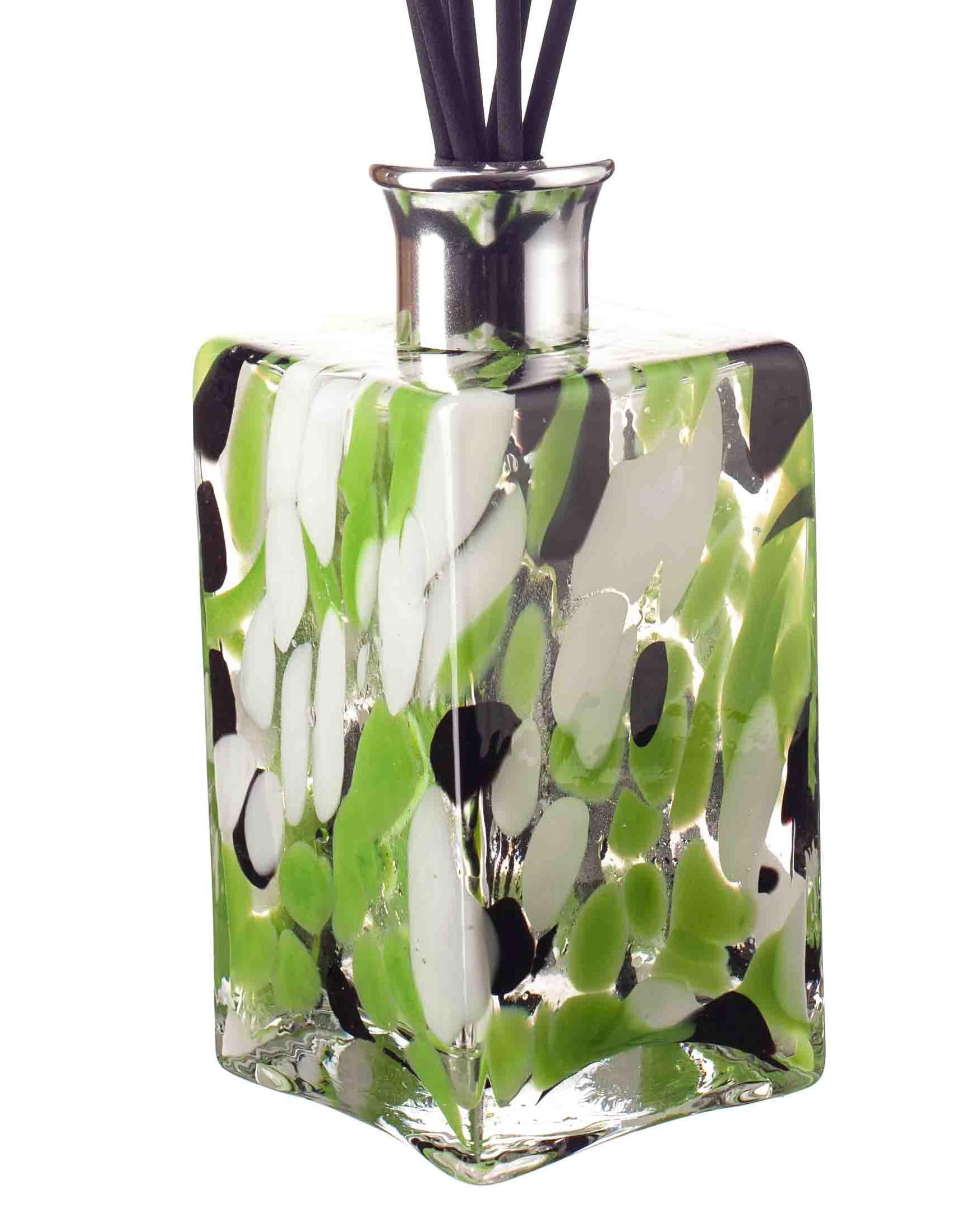 Mouth Blown Glass Reed Diffuser, Rectangle Shape, Large, 16cm Height x 7.5cm Width Clear, Green, Black & White