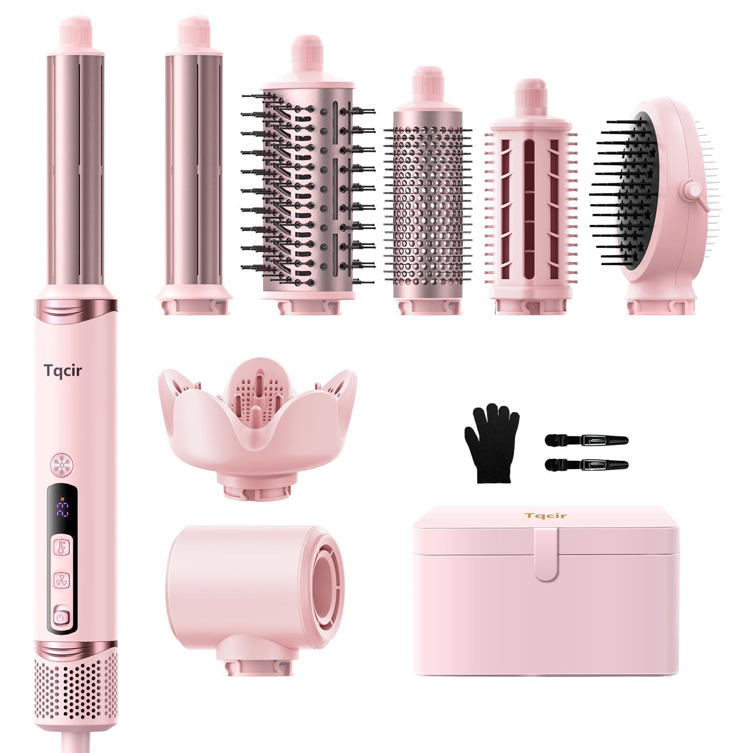 8-in-1 Professional Hot Air Styler&Hair Dryer Brush, Powerful Multi-Styler with Auto-Wrap Curler with Storage Case, Fast Drying Curling Straightening Volumizing Without Heat Damage(Pink)