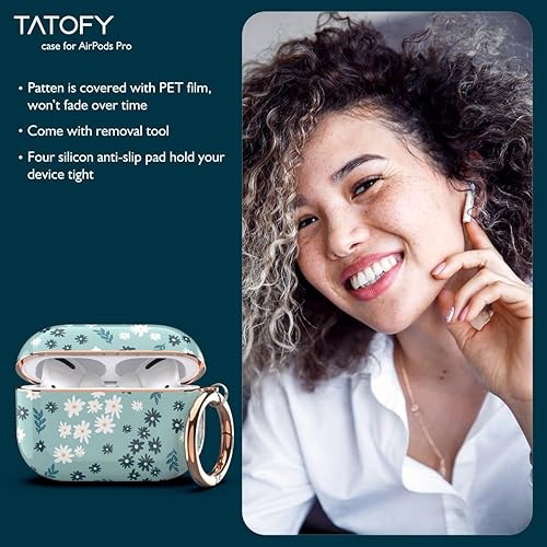 Miniatura 6 de TATOFY Funda para AirPods Pro 2019, elegante funda para AirPods Pro para mujeres y niñas, patrón de flores protectora rígida con clip (cian)