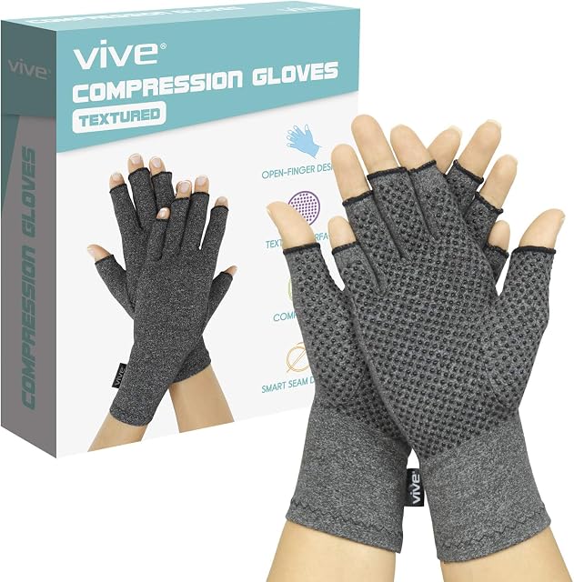 Vive Arthritis Gloves with Grips - Men & Women Textured Fingerless Compression - Open Finger Hand Gloves for Rheumatoid and Osteoarthritis - Arthritic Joint Pain Relief (Small)