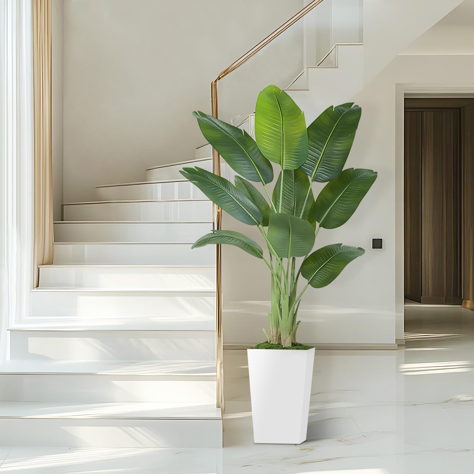 Plante Artificielle Oiseau de Paradis 180cm Pot Blanc Palmier Tropical Feuilles de Bananier Décoration Intérieur Bureau Salon