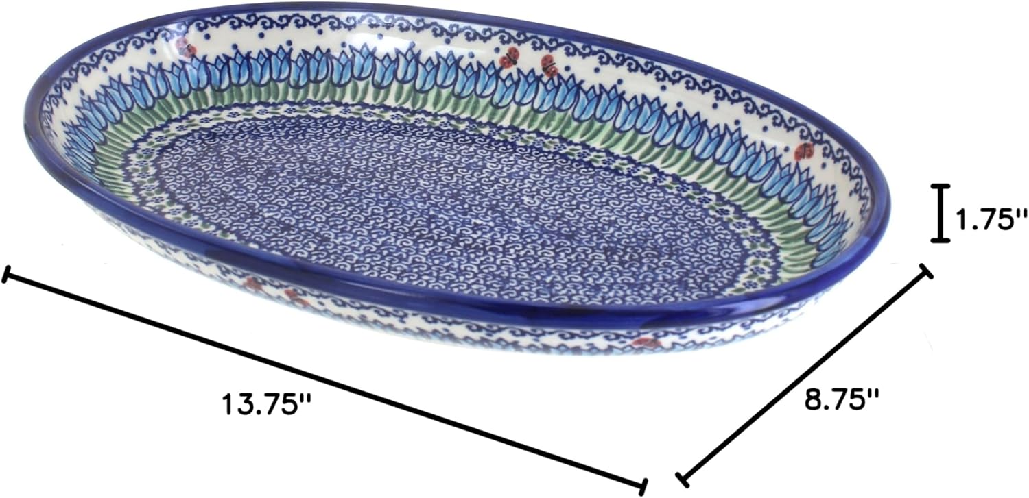 Blue Rose Polish Pottery - Green Garden Tulip Oval Platter - 13.75" x 8.75" - Unique Platter for Dinner Parties, Very Durable & Dishwasher Safe