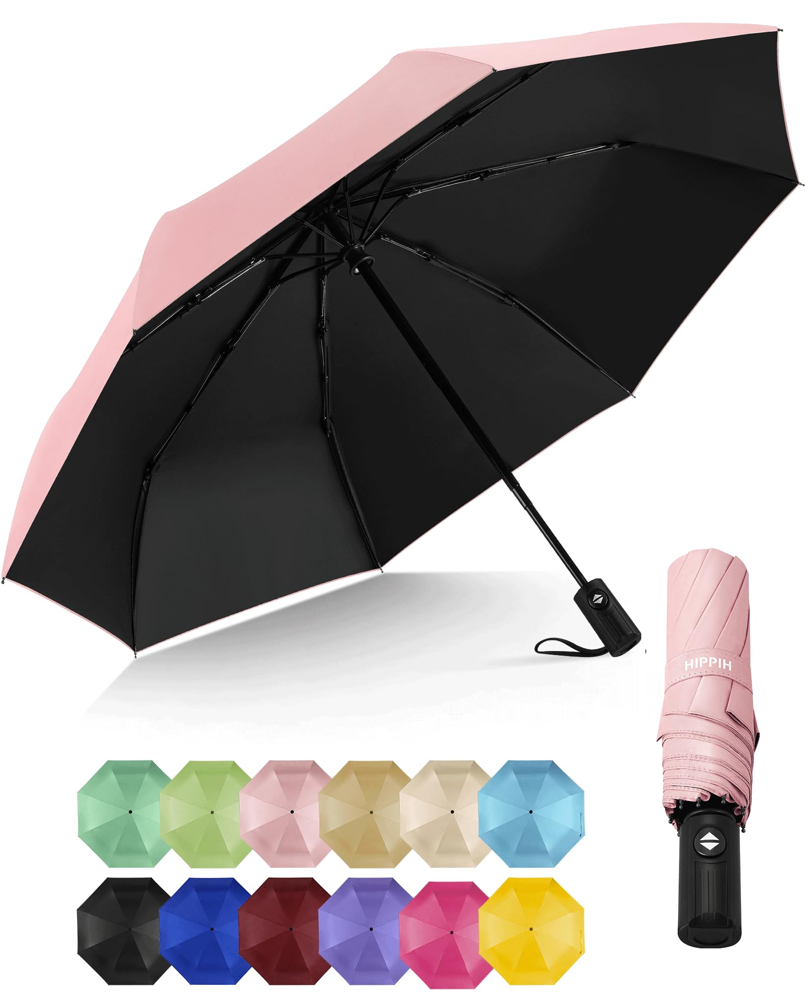 HIPPIH Compact Travel Umbrella for Rain - Windproof Automatic Umbrellas, UV Umbrella for Sun Protection with Black Anti-UV Coating, Portable Small Umbrellas for Backpack, Car, Walking, Kids, Women - 1