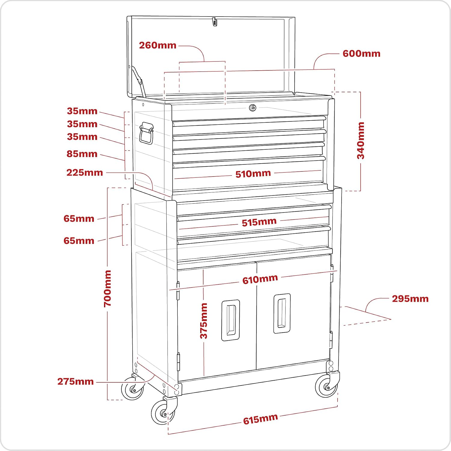 Sealey Ap2200Bb Topchest & Rollcab Combi 6 Drawer Ball Bearing Runners Red/Grey