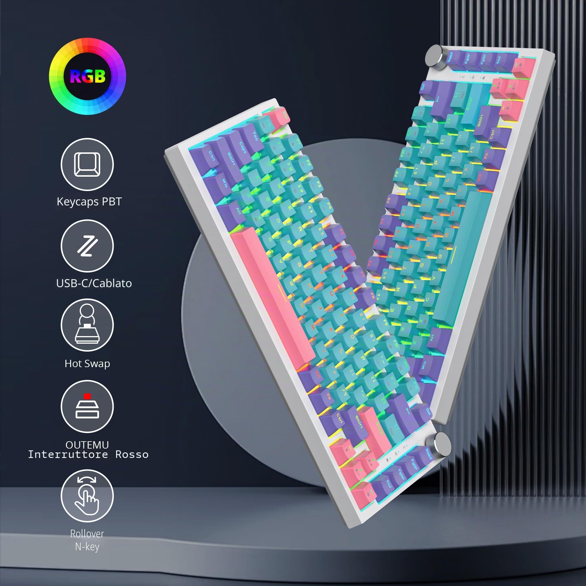 Tastiera meccanica con guarnizione al 75%, tastiera RGB meccanica cablata personalizzata TKL al 75% sostituibile a caldo con cuscinetti fonoassorbenti, QWERTY americana programmabile