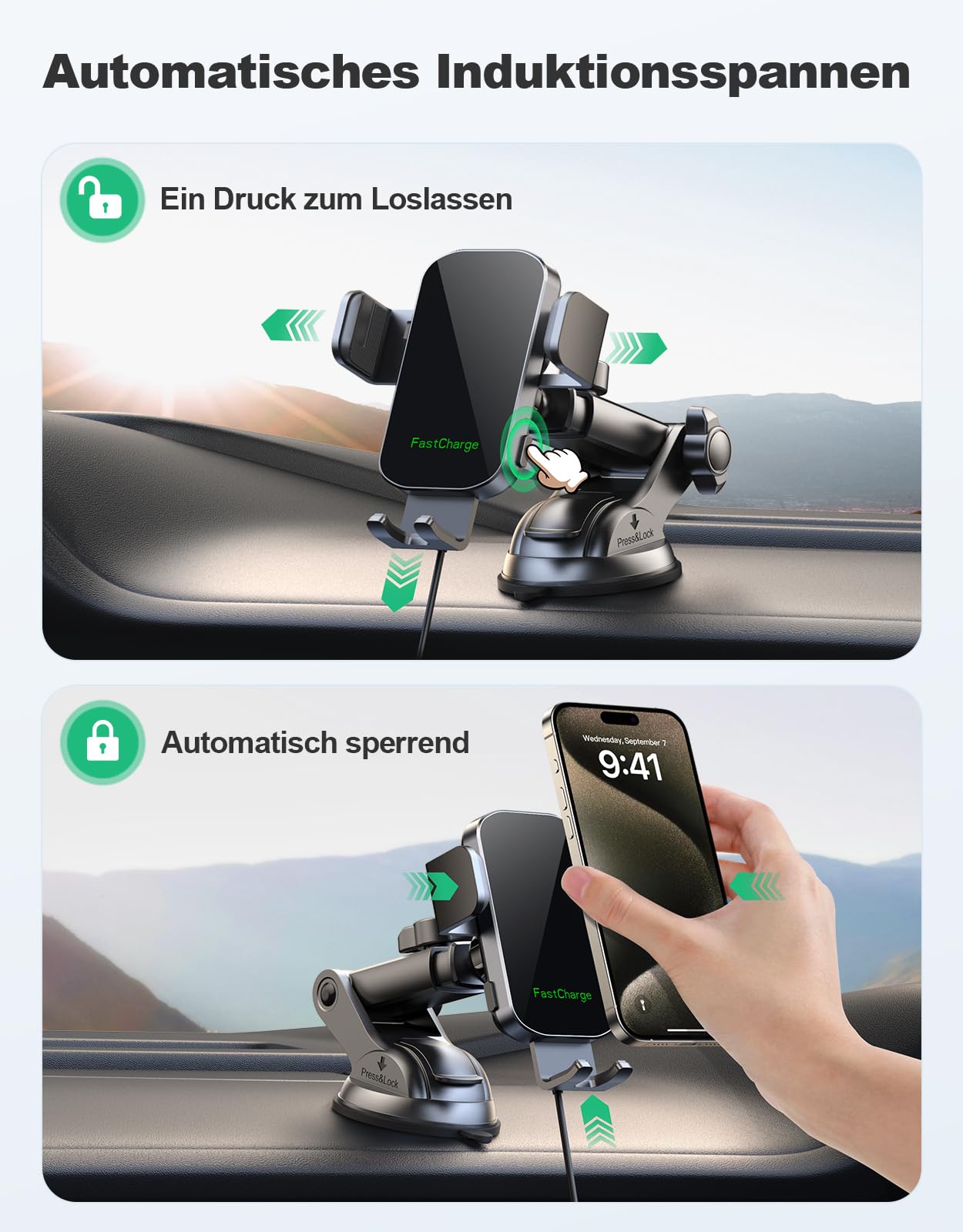 Glangeh 15W Schnelles Laden Handyhalterung Auto mit Ladefunktion, Automatischer Klemmung Induktive Ladestation Auto für Lüftung+ Saugnapf, Kompatibel mit iPhone 17/16/15, Galaxy S24/S23 Ultra