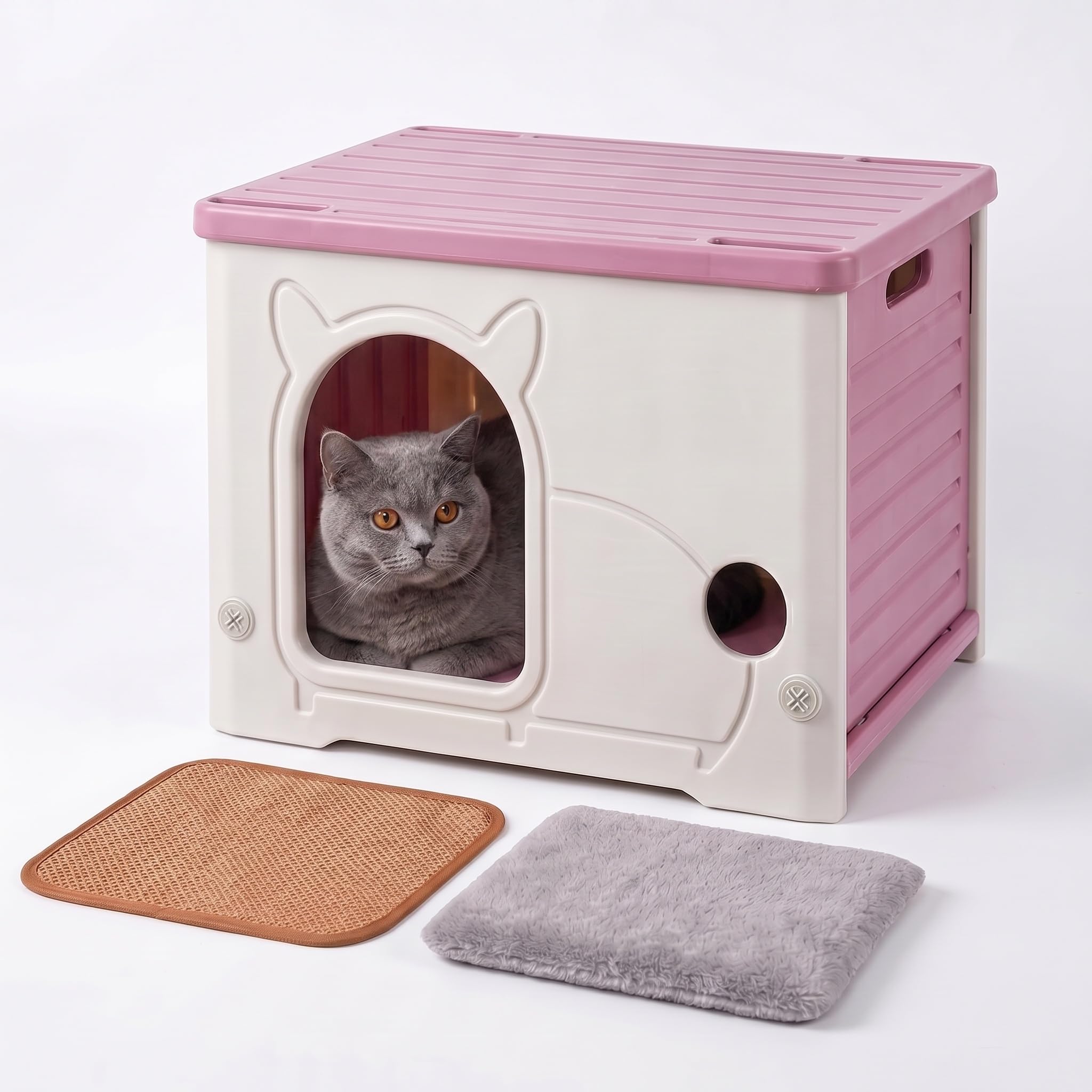 SOONHUA Outdoor Cat House Waterproof, Easy Clean Portable Stackable Plastic Cat Shelter with Cushion & Cooling Mat, Weatherproof Feral Cat Cave for Garden, Patio and Indoor