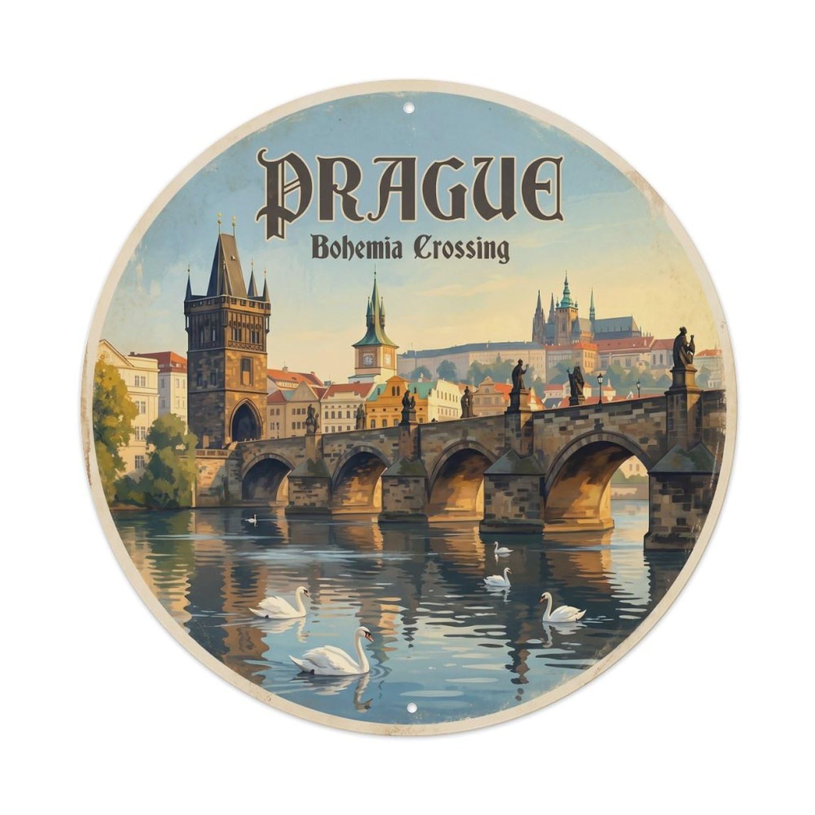 Vintage Travel Prague Bohemia Crossing Metal Tin Sign