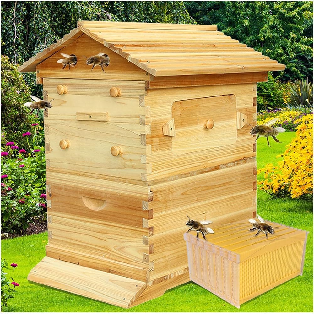 Beehive - Kit de colmena automático de madera con 7 panales y marco de calidad alimentaria sin BPA para principiantes y apicultores profesionales