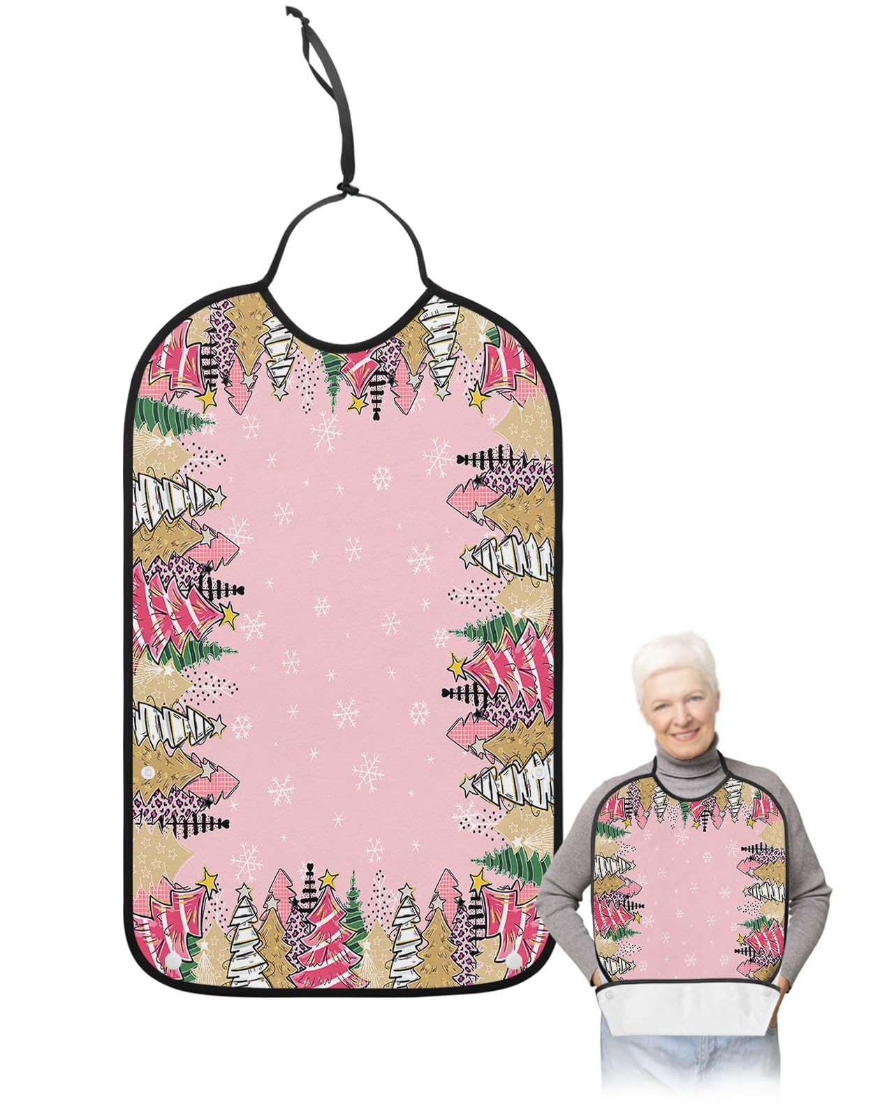 LEOKOTI Pink Christmas Tree Adult Bibs for Eating, Waterproof Bibs with Food Catcher & Adjustable Snap Closure, Pink Beige Green Xmas Tree Snowflake Washable Clothing Protectors Adult Bibs for Elderly