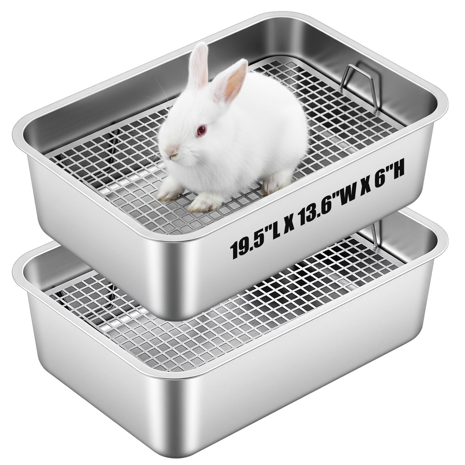 Maxcheck 2 Pcs Large Rabbit Litter Box, Stainless Steel Rabbit Litter Pan with 2 Raised Grid, High Back Wall Bunny Toilet Tray Potty Training Pan for Ferret Bunny Guinea Pig(L 19.5"L x 13.6"W x 6"H)