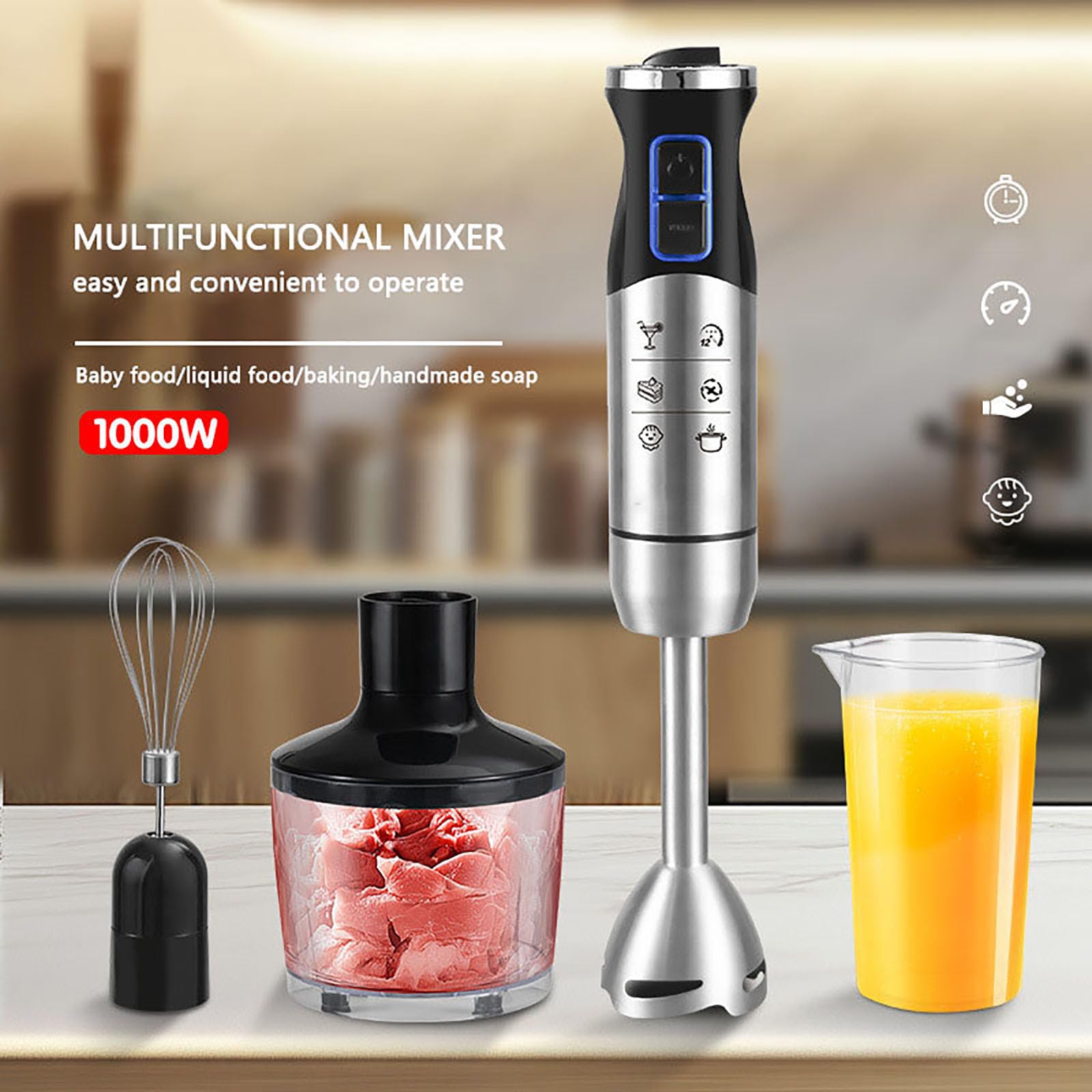 Blender ręczny, blender kuchenny 4 w 1, moc 1000 W, 12 zmiennych prędkości, w tym ubijaczka do jajek, spieniacz do mleka, miarka, kubek do siekania, nadaje się do zup i koktajli