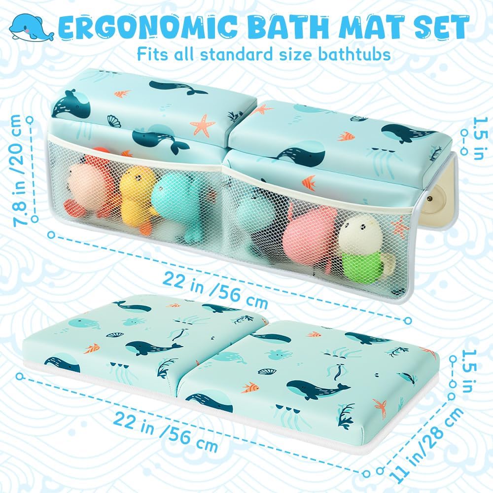 SKEFOLI Baby Bath Kneeler and Elbow Rest Pad Set,1.5" Thick Baby Bath Kneeler Pads with Toys Organizer, Pads to Support The Arm, Essentials, Ideal Kneeling Pad for Bathing
