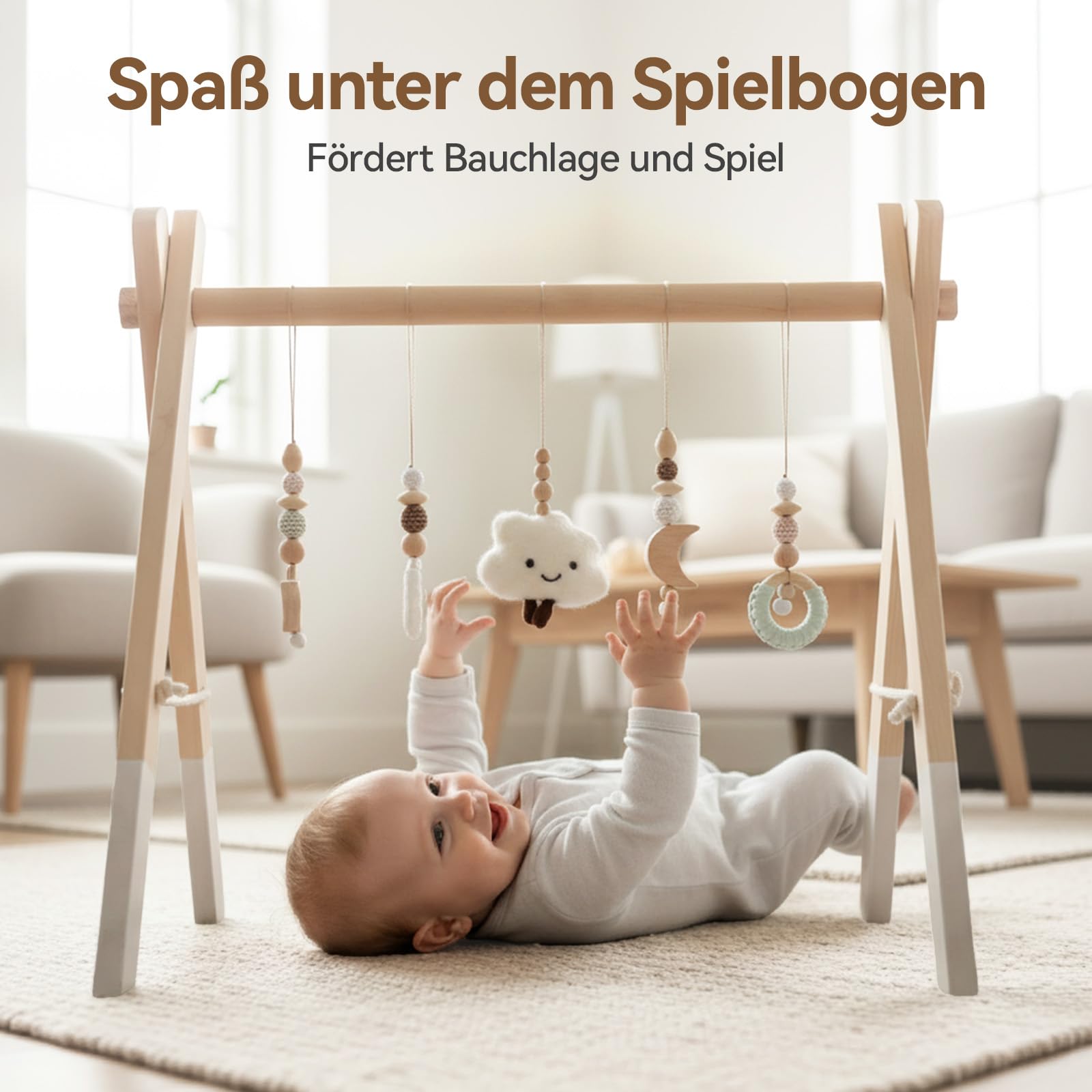 let's make Spielbogen Baby Holz- Montessori Spielbogen mit 5 abnehmbaren Sensorischen Spielzeugen, Faltbar Baby Gym Activity Center, Neugeborenes Geschenk für 0-18 Monate (Style B)