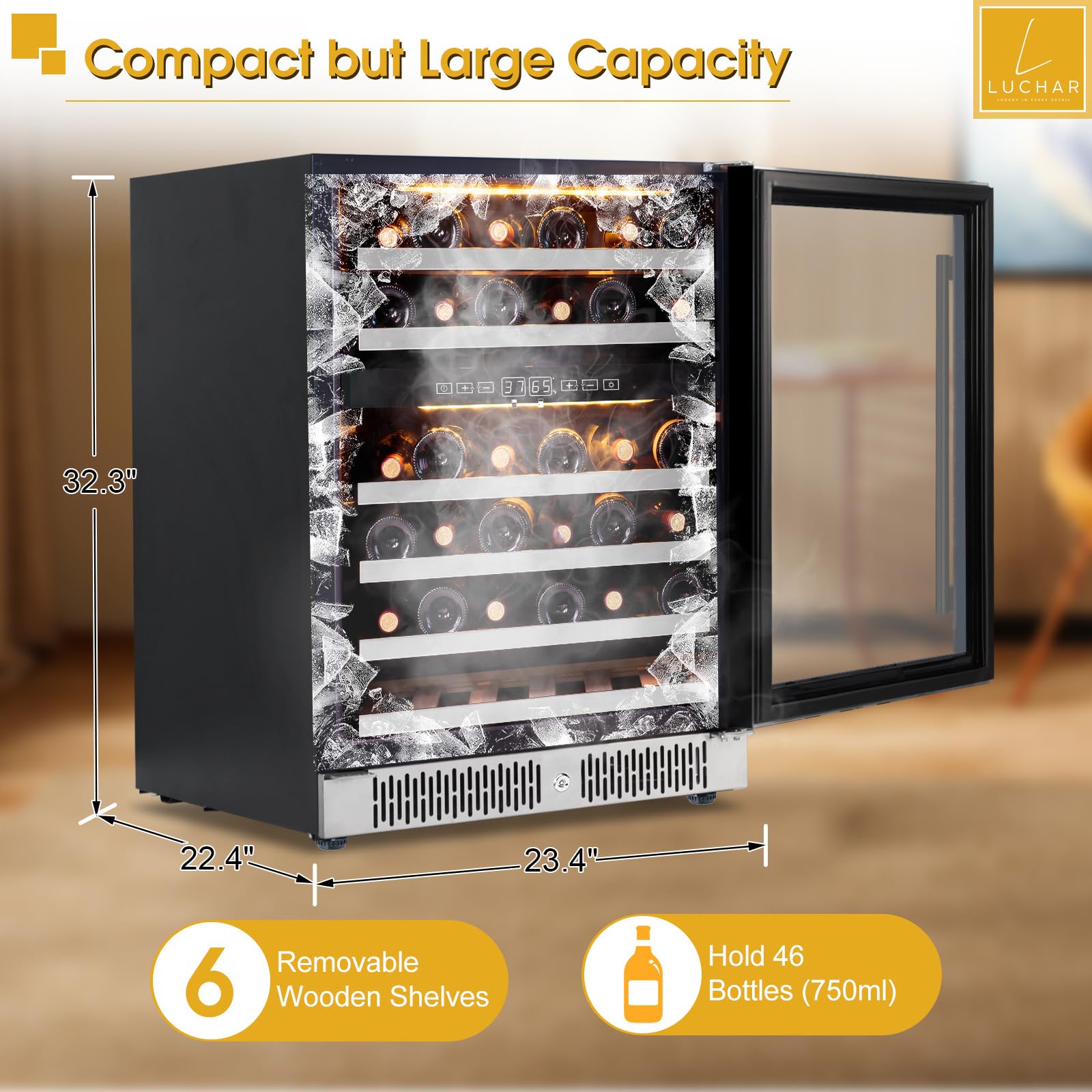 Luchar 24 Inch Wine Cooler Refrigerator, 46 Bottle Dual Zone Built-In Or Freestanding Wine Fridge With Double-Layer Tempered Glass Door, Wine Refrigerator For Home, Kitchen, Bar, Office on Fridge.com - View 2
