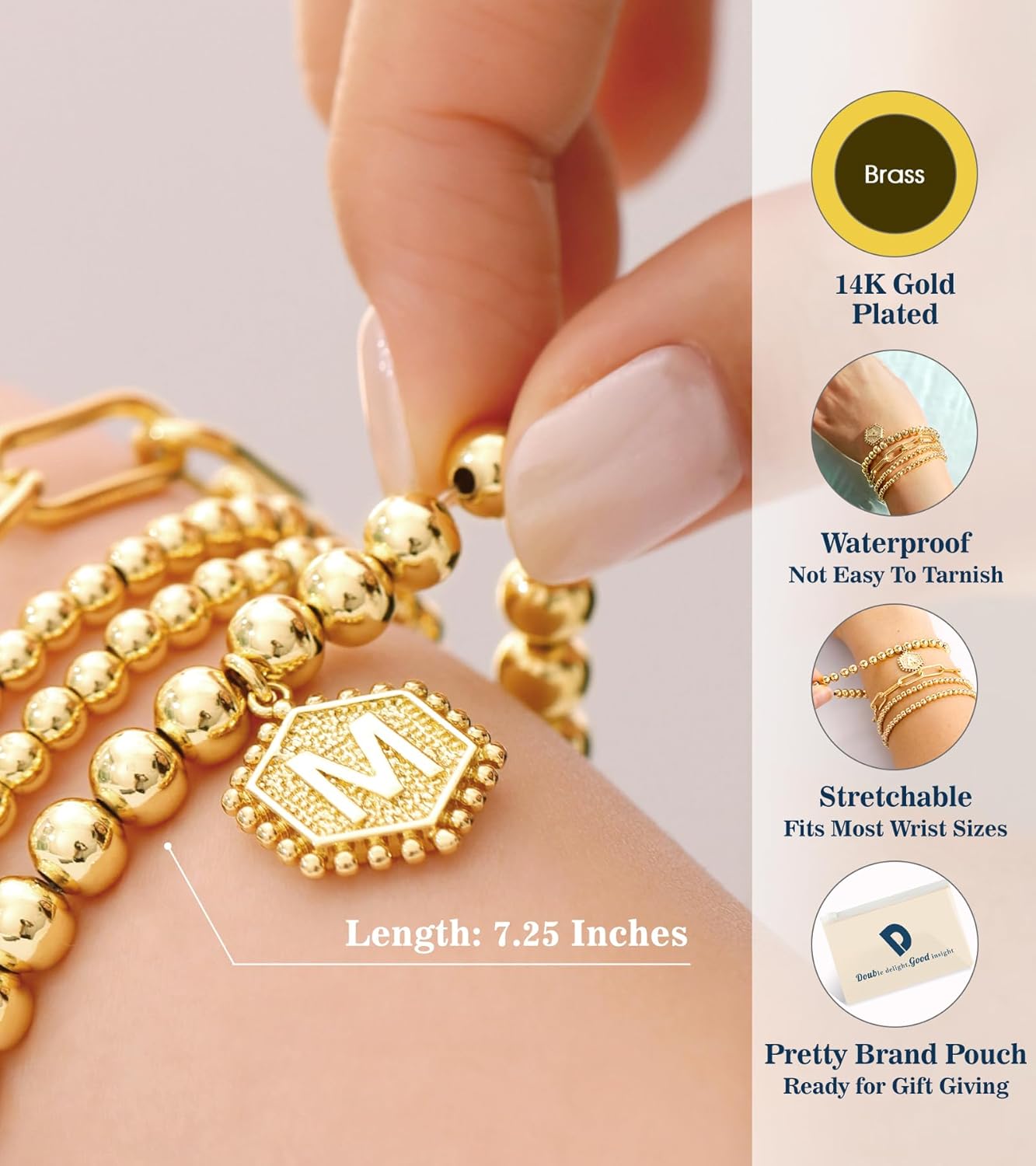 doubgood Gold Bracelets for Women, 14K Gold Plated Stackable Initial Beaded Bracelet with Letter Pendant Waterproof Stretch Trendy Stack Jewelry Set Gifts for Women - Image 5