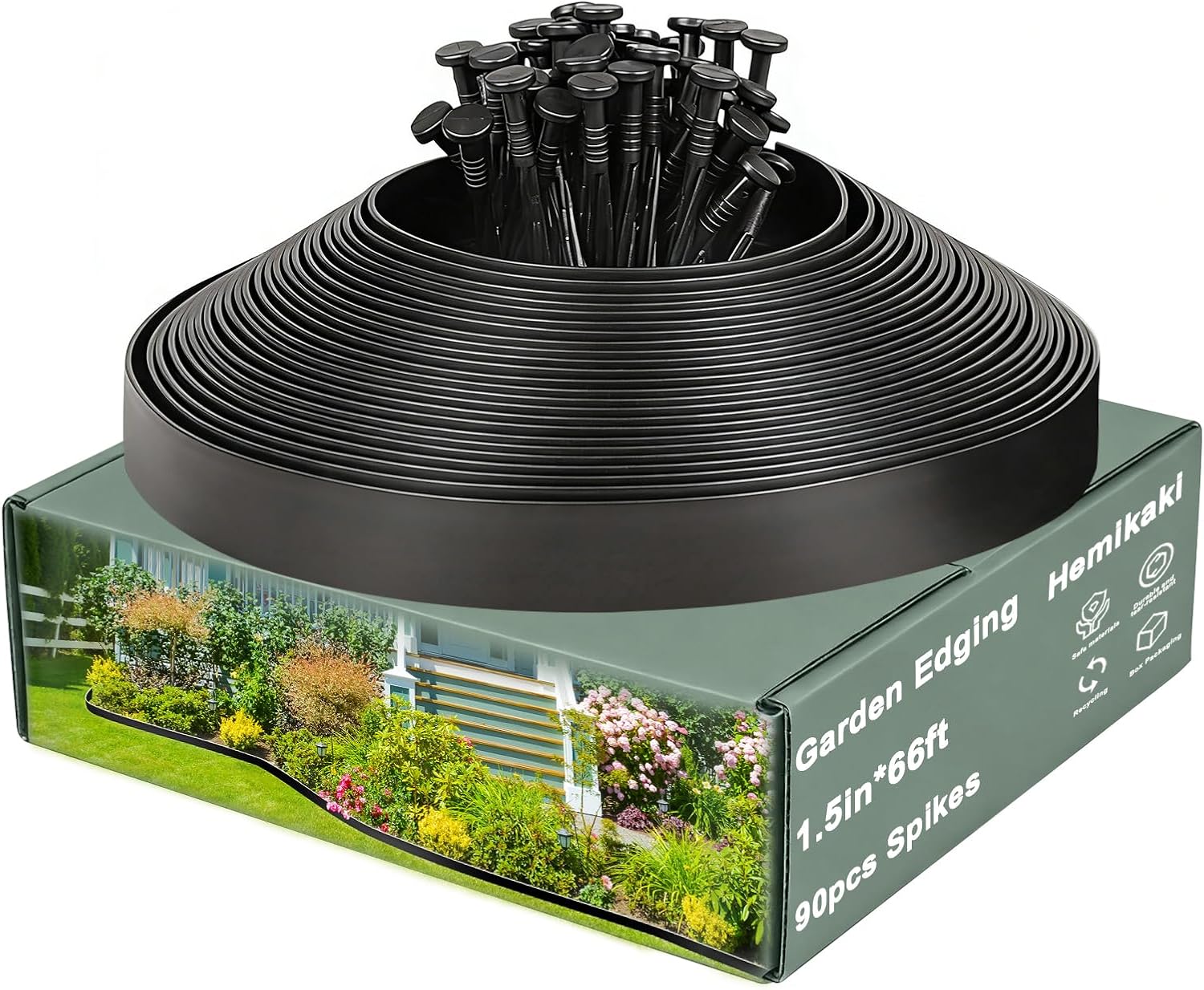 4 Inch Tall Garden Edging Border 66FT with 90pcs Spikes, Plastic Edging Border for Landscaping, Lawn, Garden, Flower Beds, Paver, Pathway