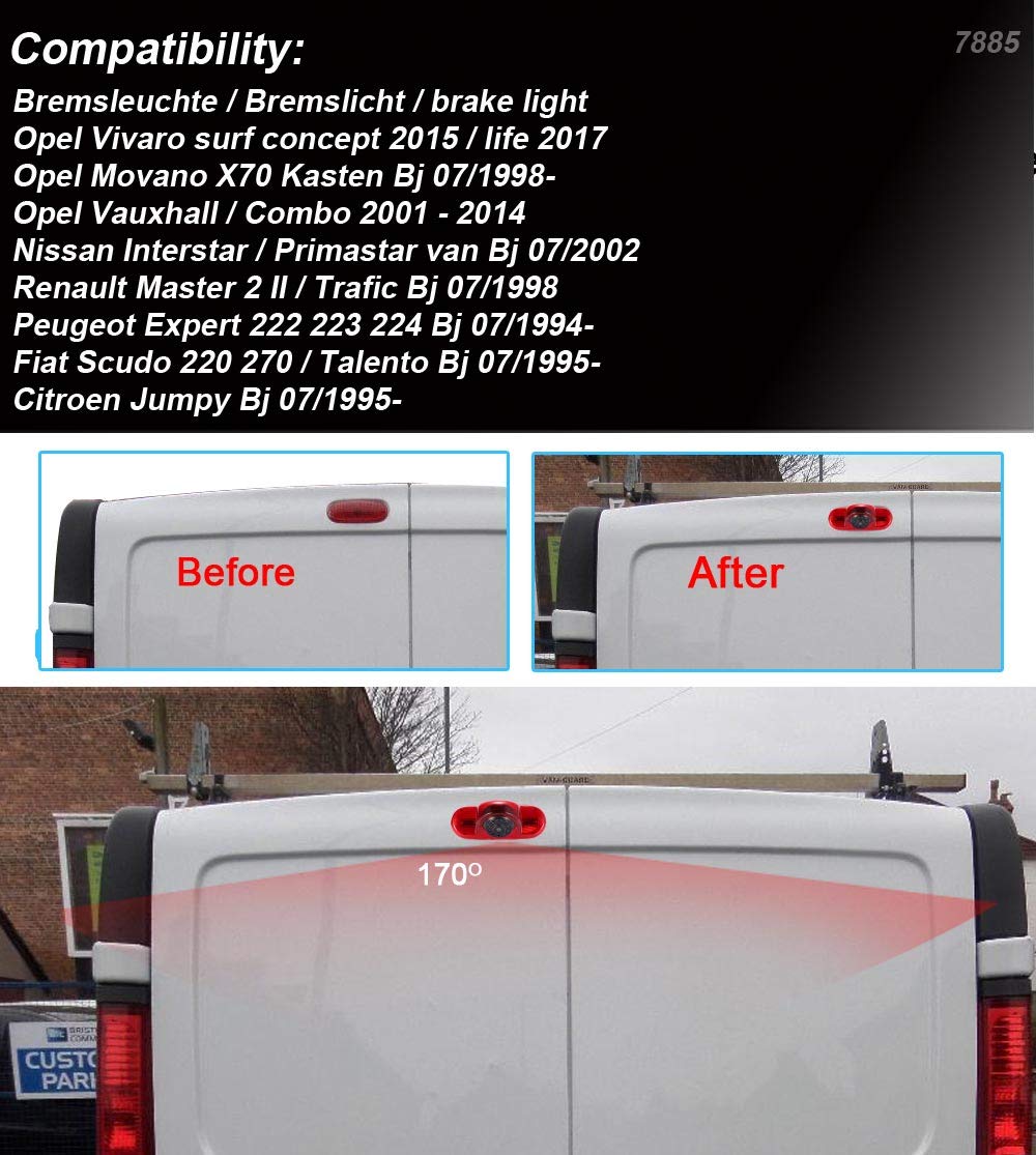 Lampa hamowania HD kamera z monitorem LCD 4,3 cala, noktowizor, kamera cofania zamiennik do Opel Vivaro Surf Concept/Movano X70 Kasten/Vauxhall/Combo/Trafic/Peugeot Expert 222 223 224/Citroen Jumpy