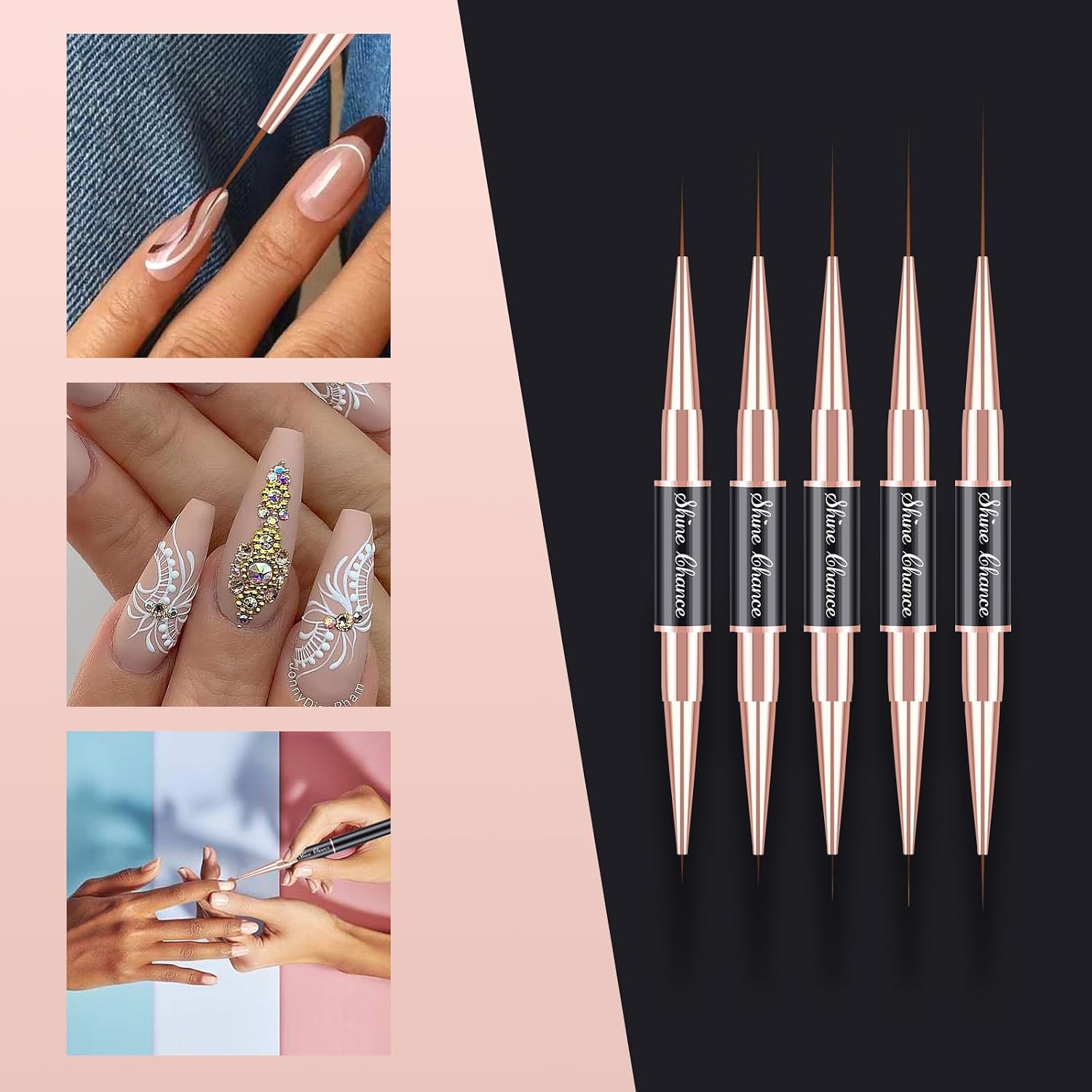 9Pcs Nail Art Brushes Set, Professional Double-Ended Acrylic Liner Detail Brushes for Gel Polish Art Nail, 3D Art Nail Dotting Brush Pen for Manicure DIY Home Salon, Black