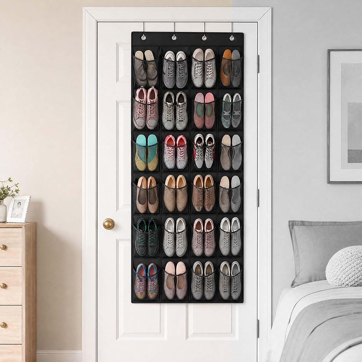 Organizer nad drzwiczkami na buty, 24 kieszenie, wiszący organizer na buty, do przechowywania butów, składany, wielofunkcyjny organizer na drzwi z 4 haczykami, do sypialni, łazienki, salonu