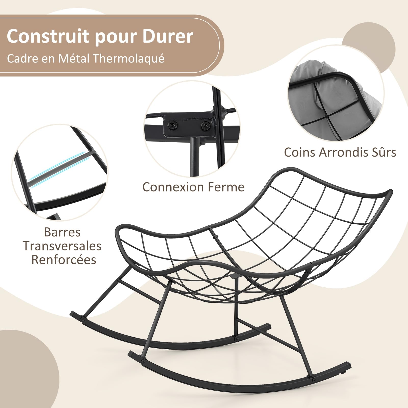 RELAX4LIFE Fauteuil à Bascule de Jardin, Chaise Papasan avec Coussin et Cadre en Métal pour Intérieur et Extérieur, Charge 205KG pour Chambre Salon Porche Jardin Terrasse (Gris) (Gris Clair)