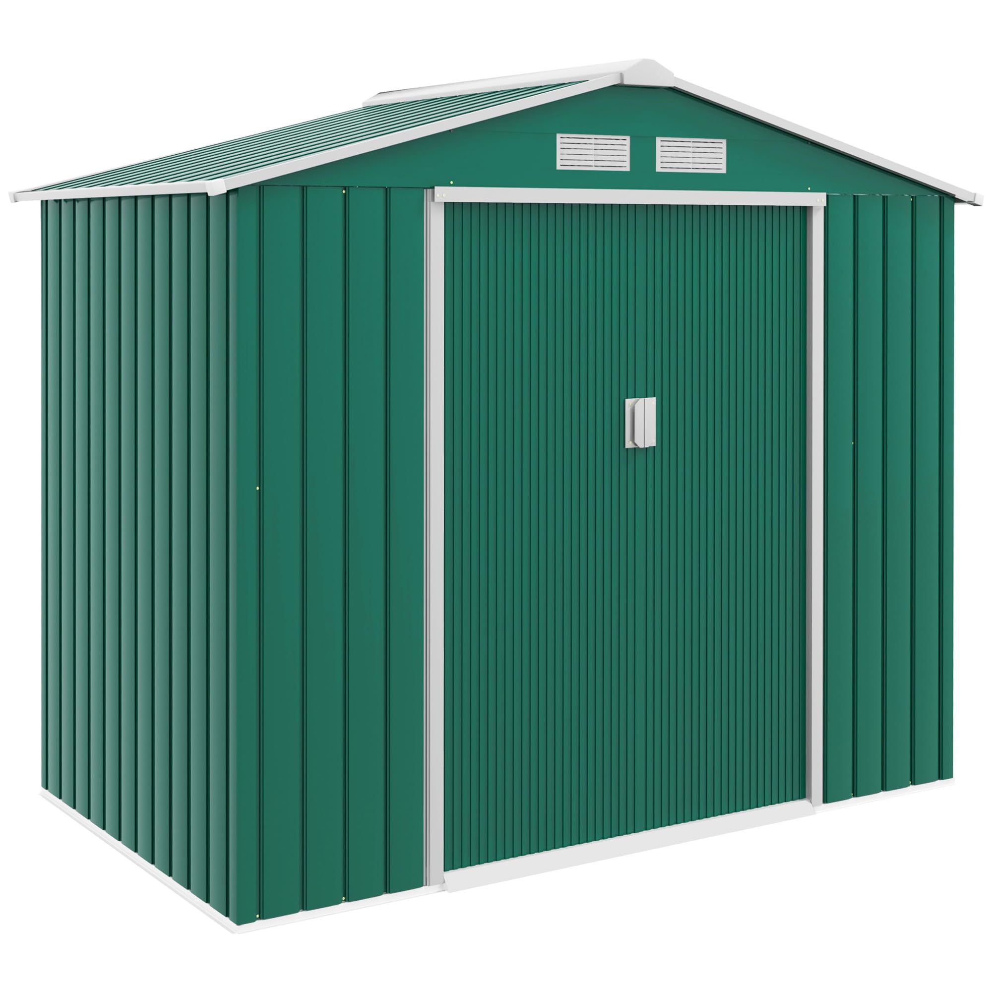 Outsunny Caseta de Jardín Exterior, 2,5 m² 213x130x185 cm, Cobertizo de Jardín Exterior Metálico con 2 Puertas Correderas, Base Refuerzo (Suelo NO Incluido) y 4 Ventanas, Verde Oscuro