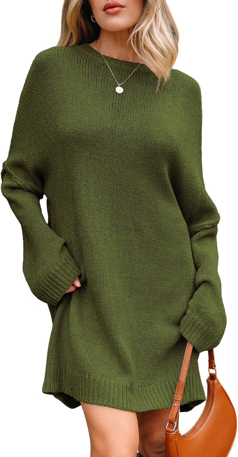 Womens Sweater Dress Long Sleeve Crewneck Oversized Drop Shoulder Pullover Fall Winter Casual Babydoll Dresses