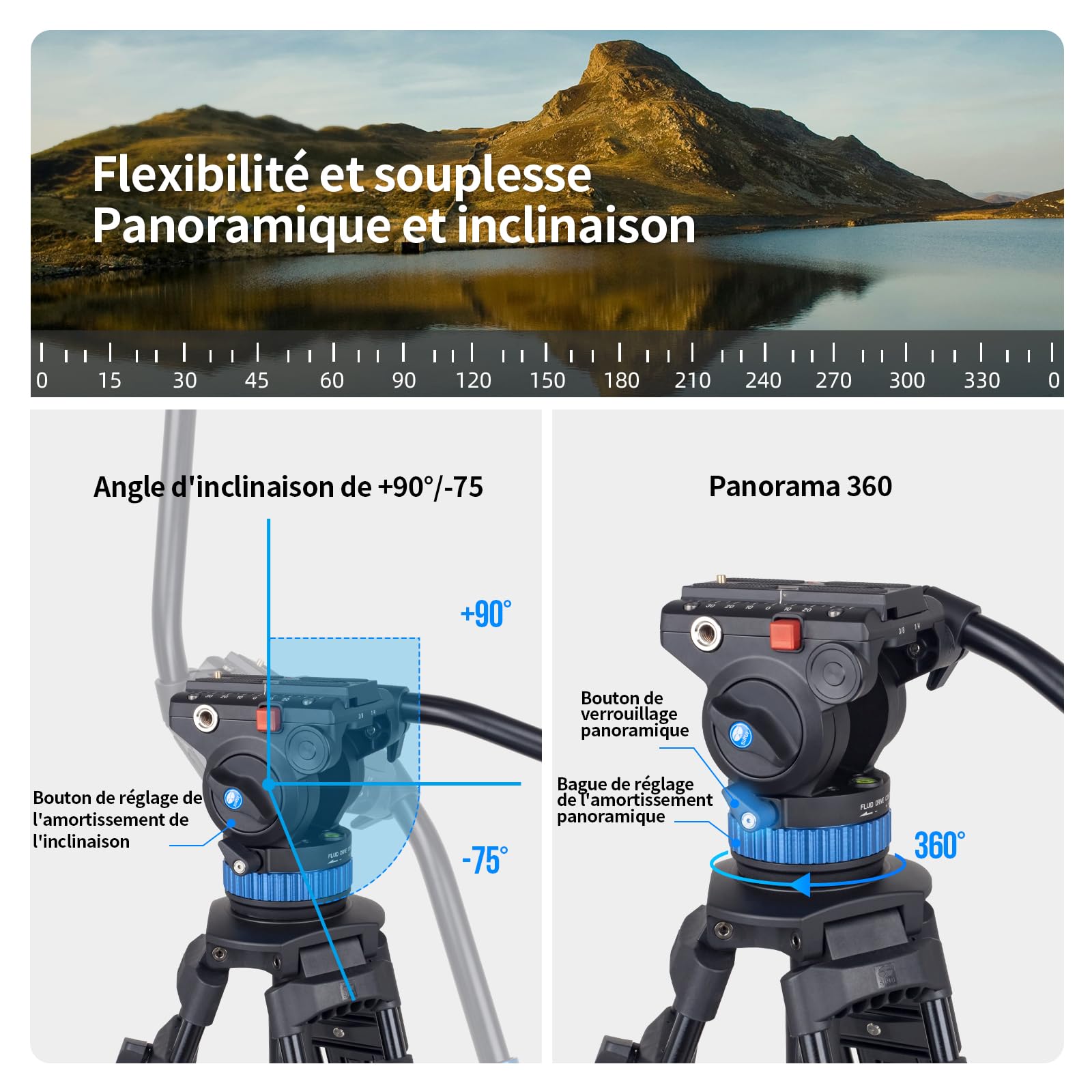 SIRUI Trépied Vidéo AM-25S, Trépied en Alliage d'Aluminium de 74.8"/190cm avec Tête Fluide Panoramique Flexible à 360°, Compact et Léger, Charge Max 22lb/10kg