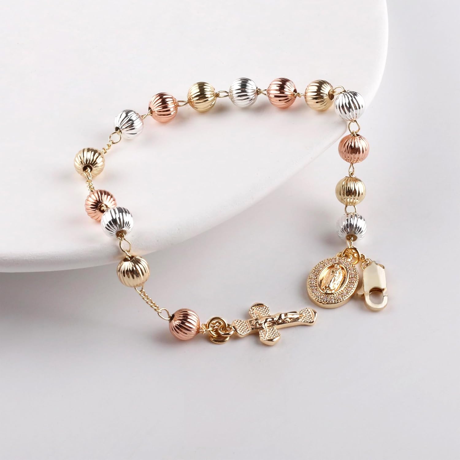 6mm Gold Plated Beads Catholic Guadalupe Crucifix Charm Rosary Bracelet for Women with Gift Box - Image 2