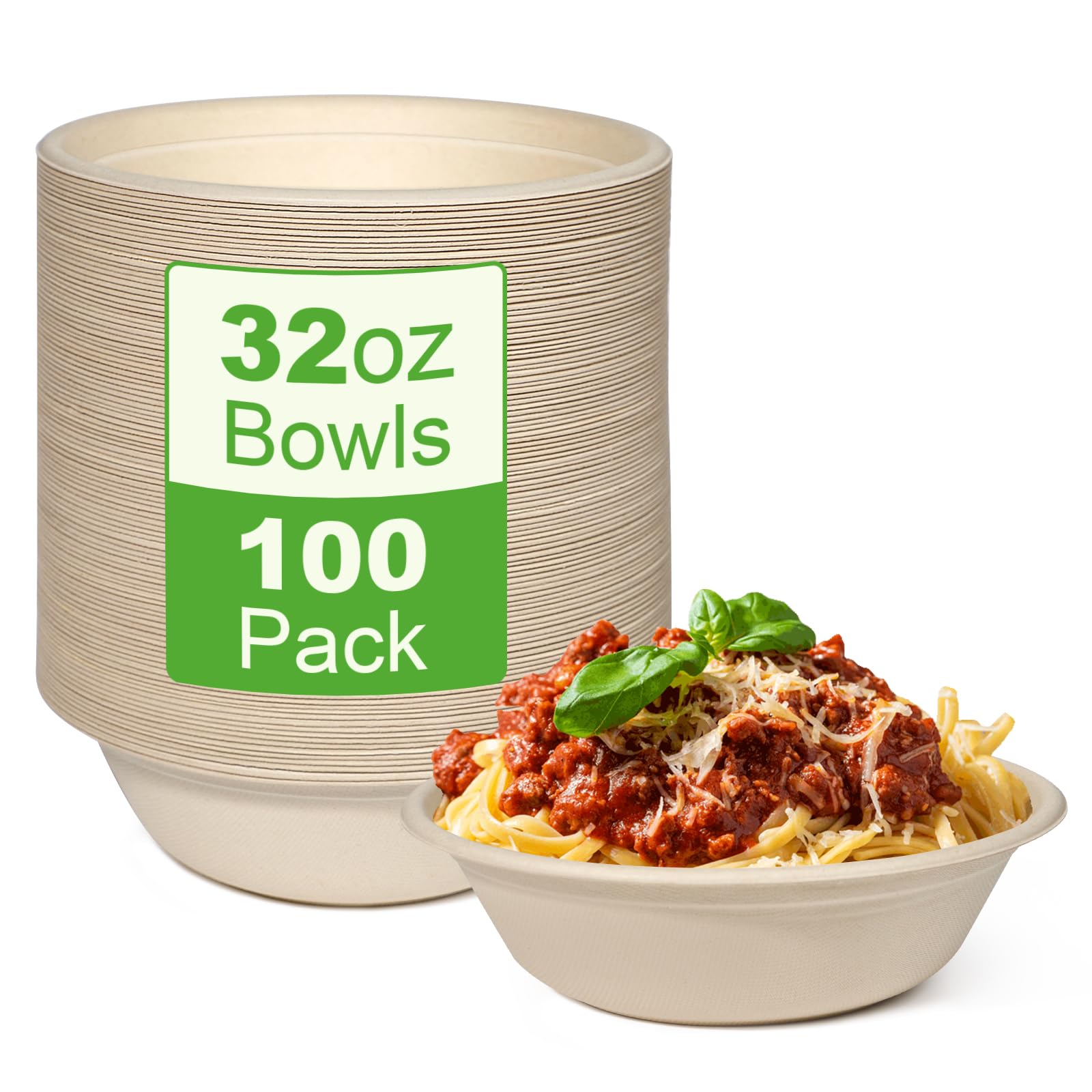 greensight 100 Pack Disposable Paper Bowls 32oz - Large Heavy Duty Sugarcane Strong Brown Bowls Biodegradable Compostable Salad Big Bowl for hot Food Party Christmas