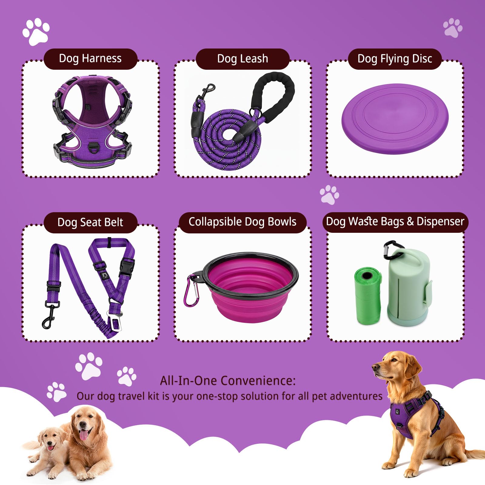 Arnes Perro, Conjunto de arnés y Correa para Perros cinturón de Seguridad, comederos Plegables y dispensador de Bolsas para excrementos. Ideal para Entrenamiento, Paseos y Viajes
