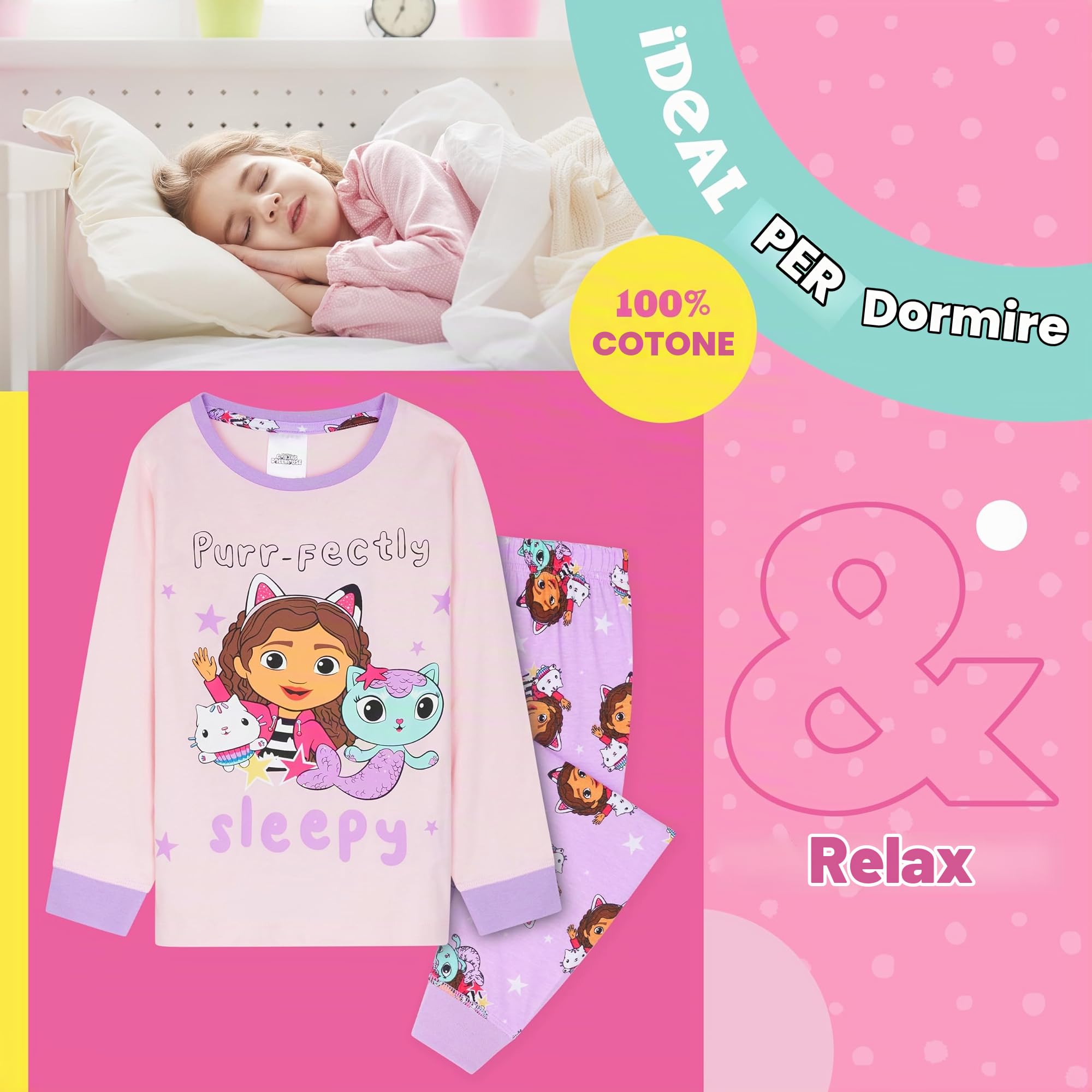 Gabby’s Dollhouse Pigiama Bambina, 2 Pz Abbigliamento da Notte - Regalo Ragazza (Rose, 6-7 Anni)