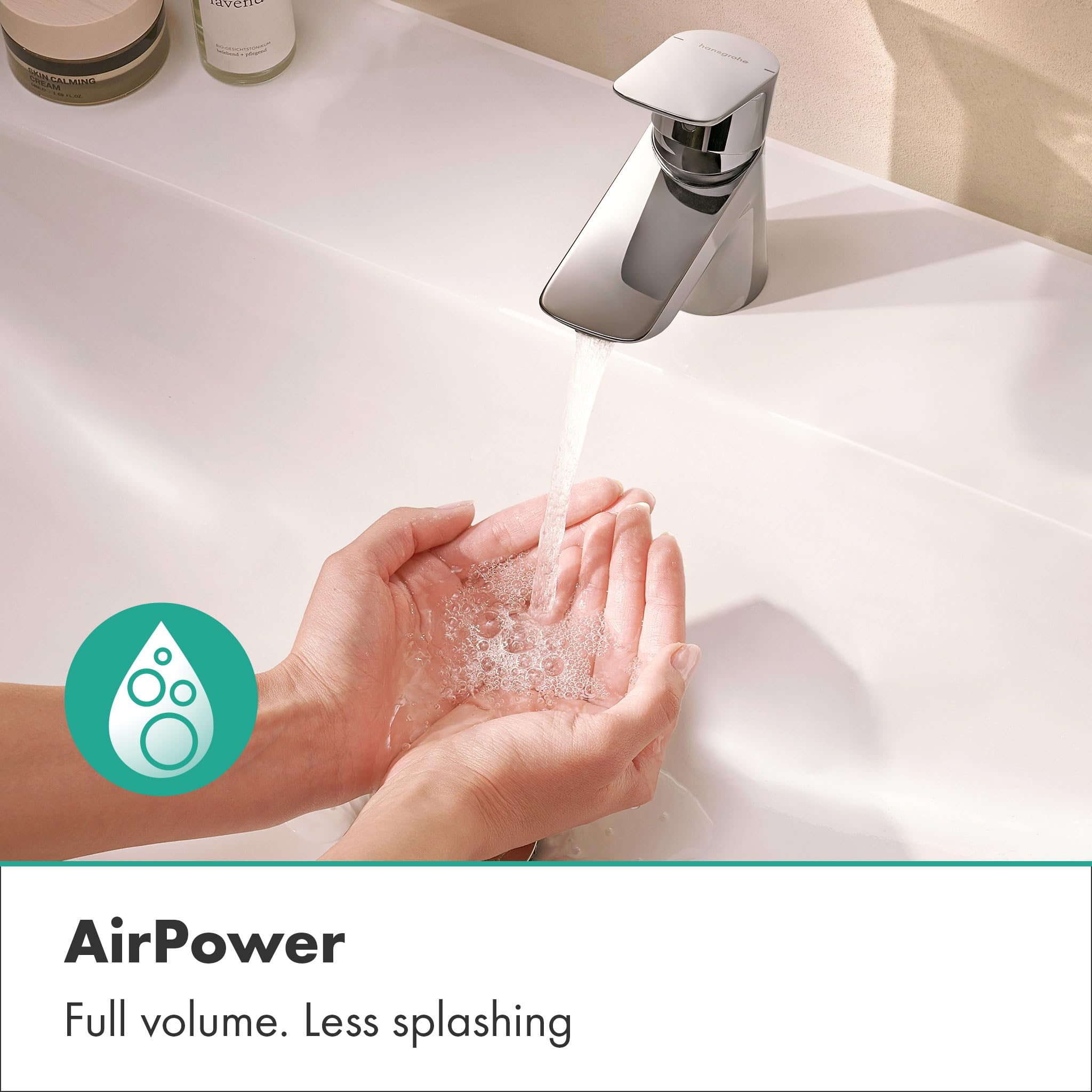 hansgrohe Neovis Q 71346000 bateria umywalkowa z odpływem Push-Open, kran łazienkowy z wylewką, wysokość 63 mm, bateria mieszakowa do umywalki oszczędzająca wodę (EcoSmart), chrom, 71346000
