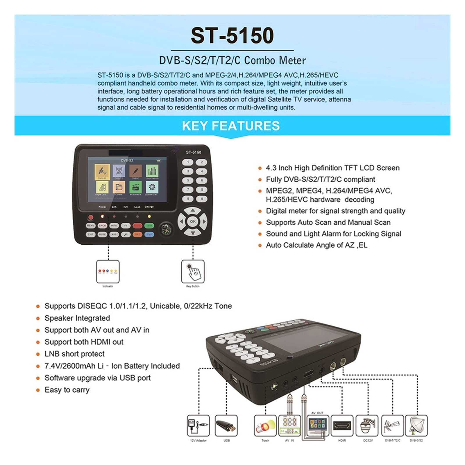 Buscador de satélites ST-5150 DVB-S2/T2/C COMBO HD Satellite Finder Meter H.265 HEVC MPEG-4 QPSK 8PSK 16APSK Pantalla TFT LCD de 4,3 pulgadas Alto rendimiento