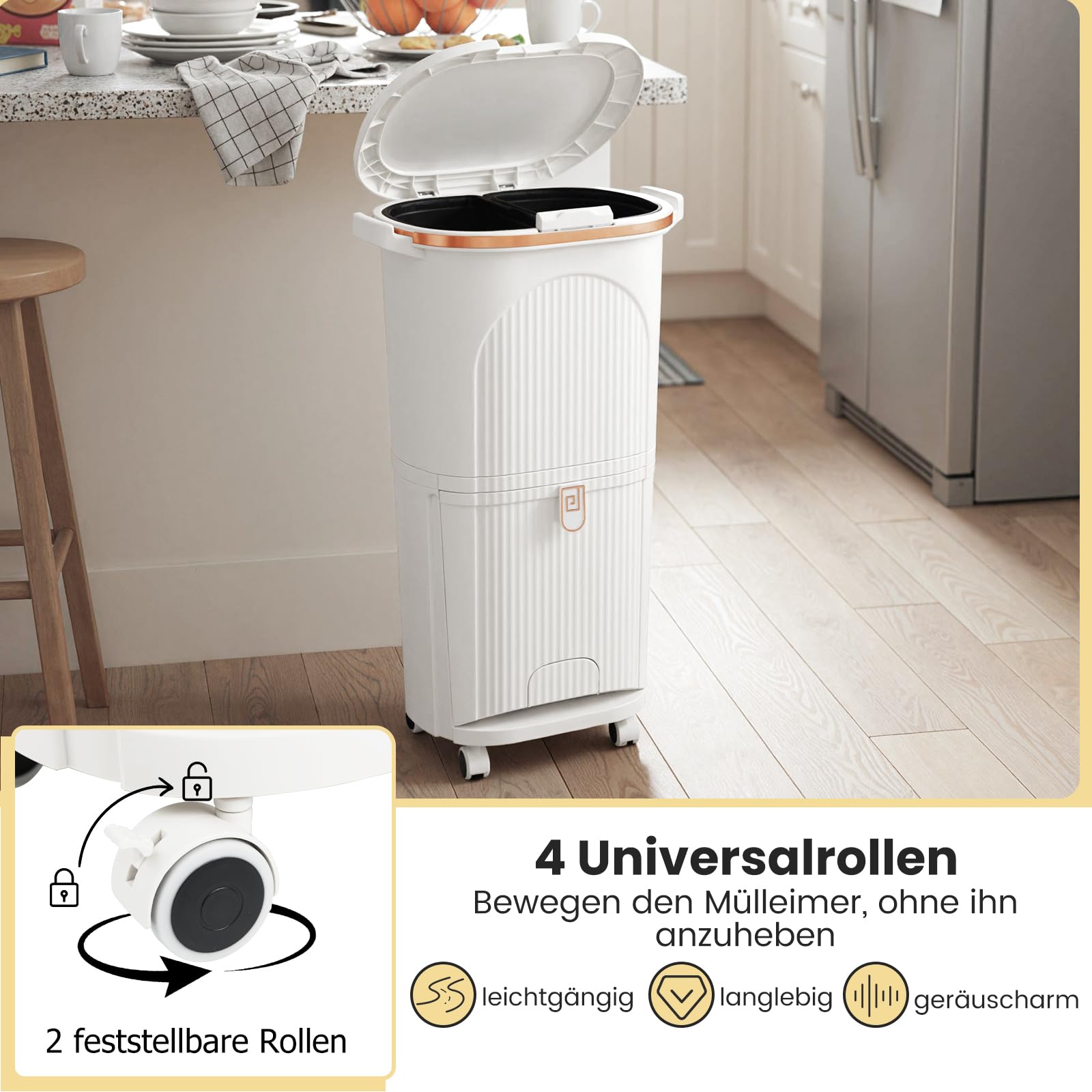 COSTWAY Mülleimer Küche, Mülltrennsystem 3 Fächer, 2 x 12L Inneneimer & 14L Treteimer, Abfalleimer mit Rollen, Deckel, Pedal & Haken, Tretmülleimer Abfallsammler für Küche (Weiß)