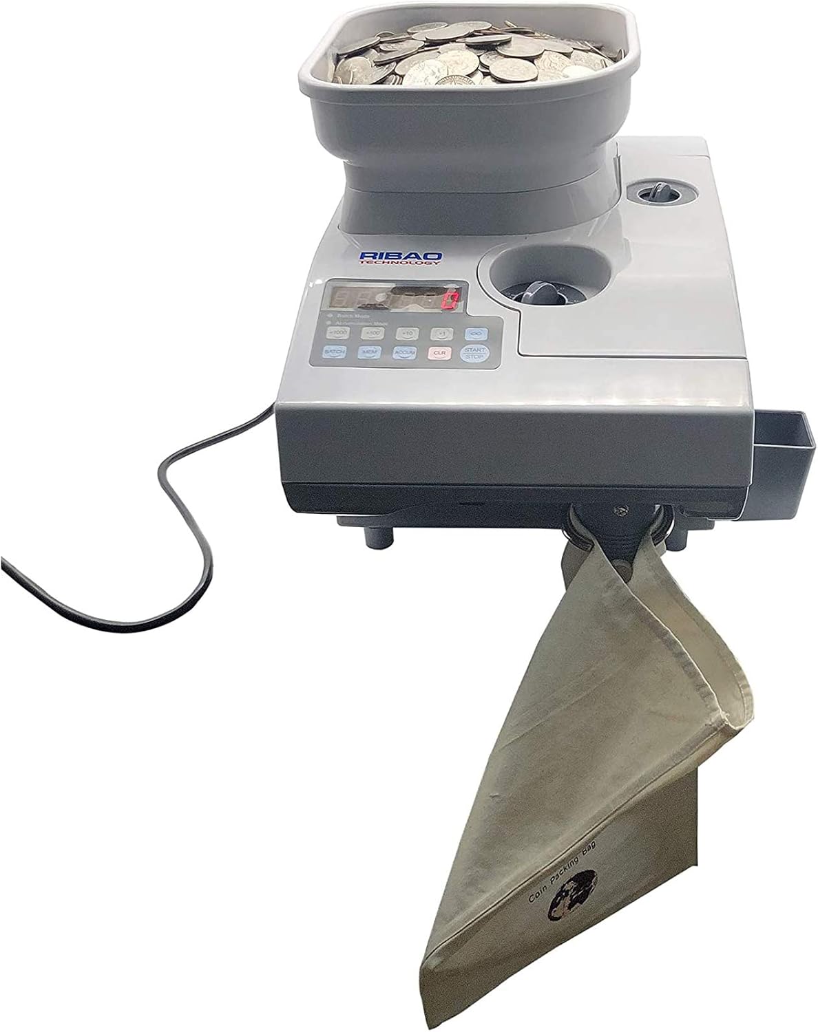 RIBAO TECHNOLOGY Coin-Mate CS-2000 Coin Counter with coins in hopper and collection bag attached