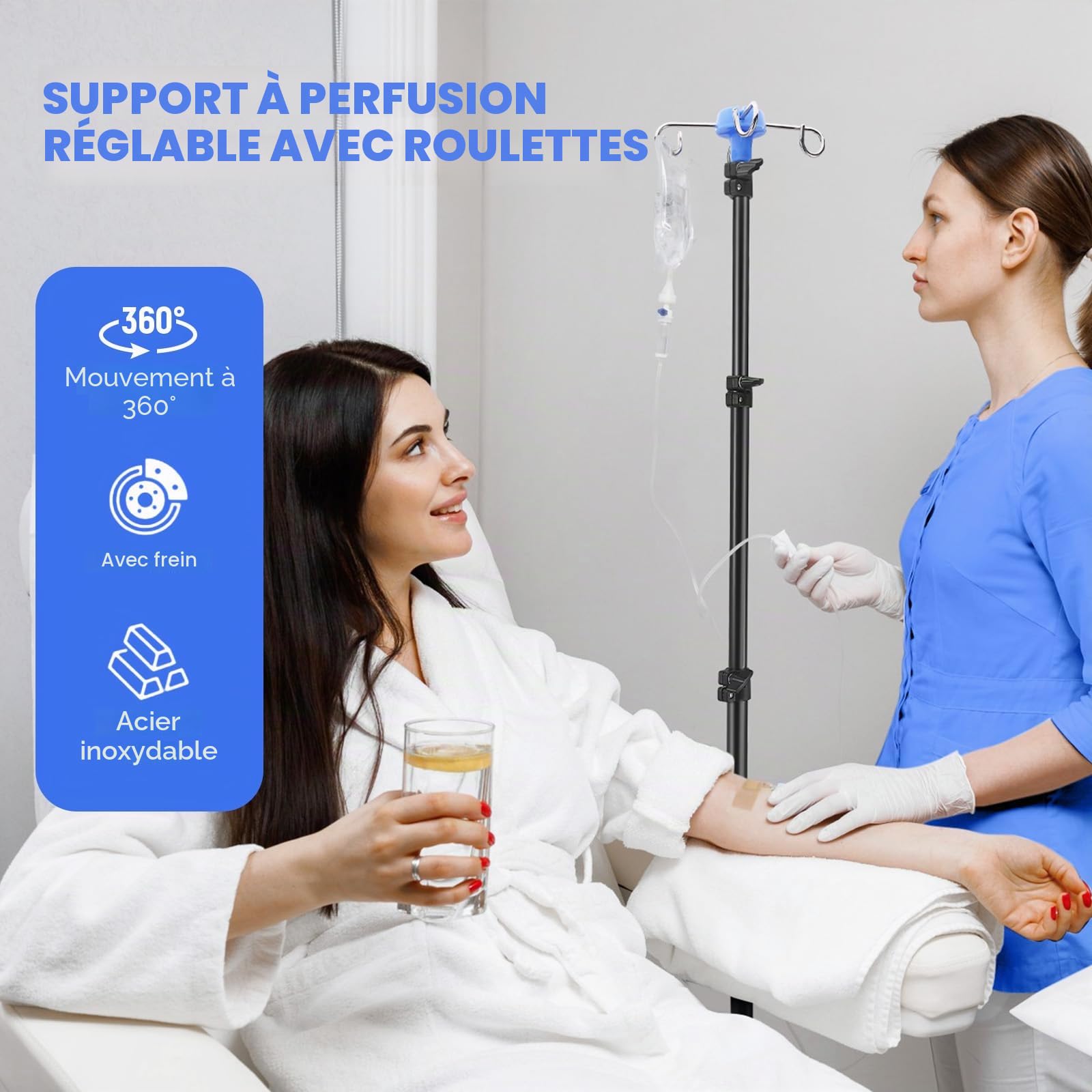 Support Perfusion Mobile Pliable, Potence Perfusion Réglable 85-190 cm avec roulettes à 360° et Freins, Pied à Perfusion 4 Crochets en Alliage d'Aluminium pour Hôpital et Soins à Domicile