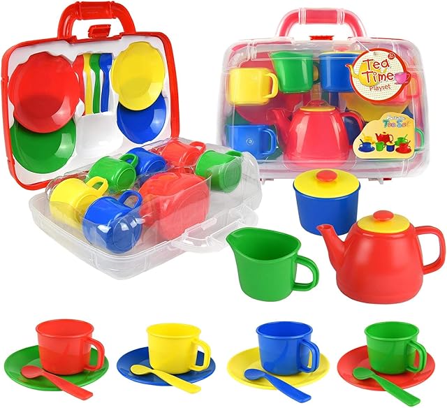 Vinsani 15 Piece Colourful Plastic Tea Party Set Includes Teapot, Jug, Sugar Bowl, Saucers & Spoons with Portable Carry Case for Boys Girls Pretend Play Age 3 Years