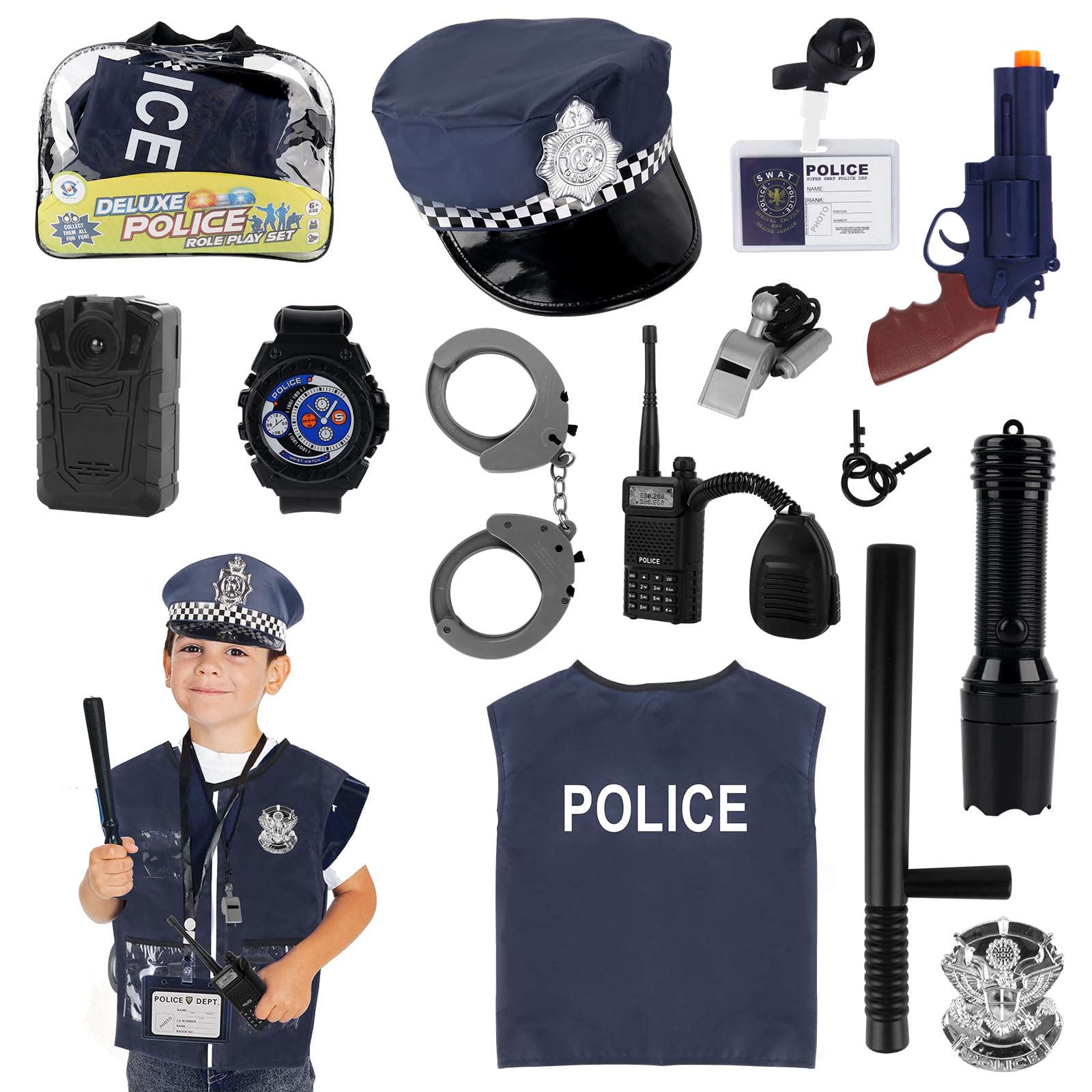 Foreverup Police Costume Kids, Police Pretend Play Accessories with Polices Equipment PoliceVest Cap Badge Toy Shotgun Handcuff and More, PoliceToys Role Play Costume Accessories for Kids Boys