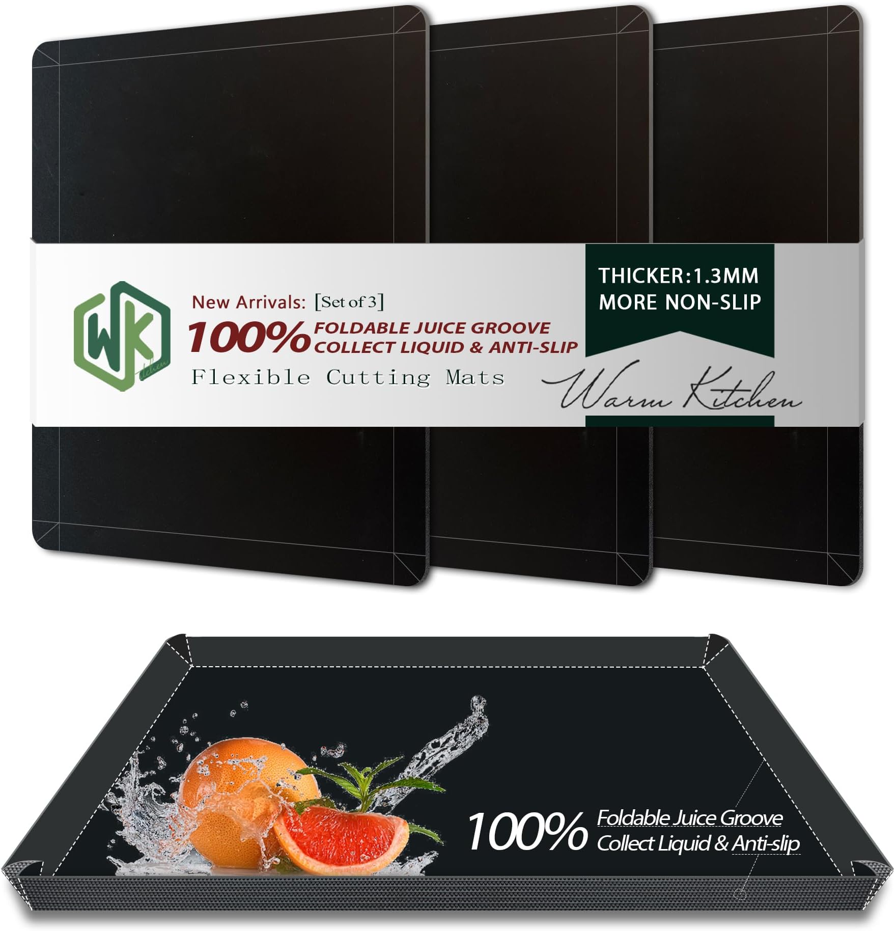 WK Flexible Plastic Cutting Boards for Kitchen, Foldable Cutting Board Mats with Juice Grooves, Non Slip Cutting Boards for Meat, Dishwasher Safe, BPA Free, Black
