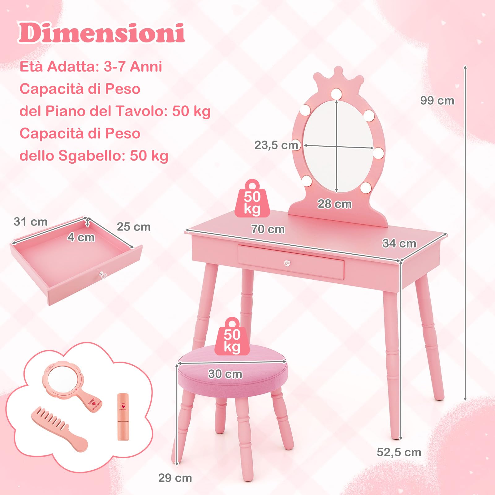 RELAX4LIFE Toeletta Trucco per Bambina con 7 Lampadine LED, 3 Colori di Luci, Specchiera Trucco con Sgabello, Toeletta in Legno, Specchio Rimovibile, per Bambini 3-7 Anni (Rosa)
