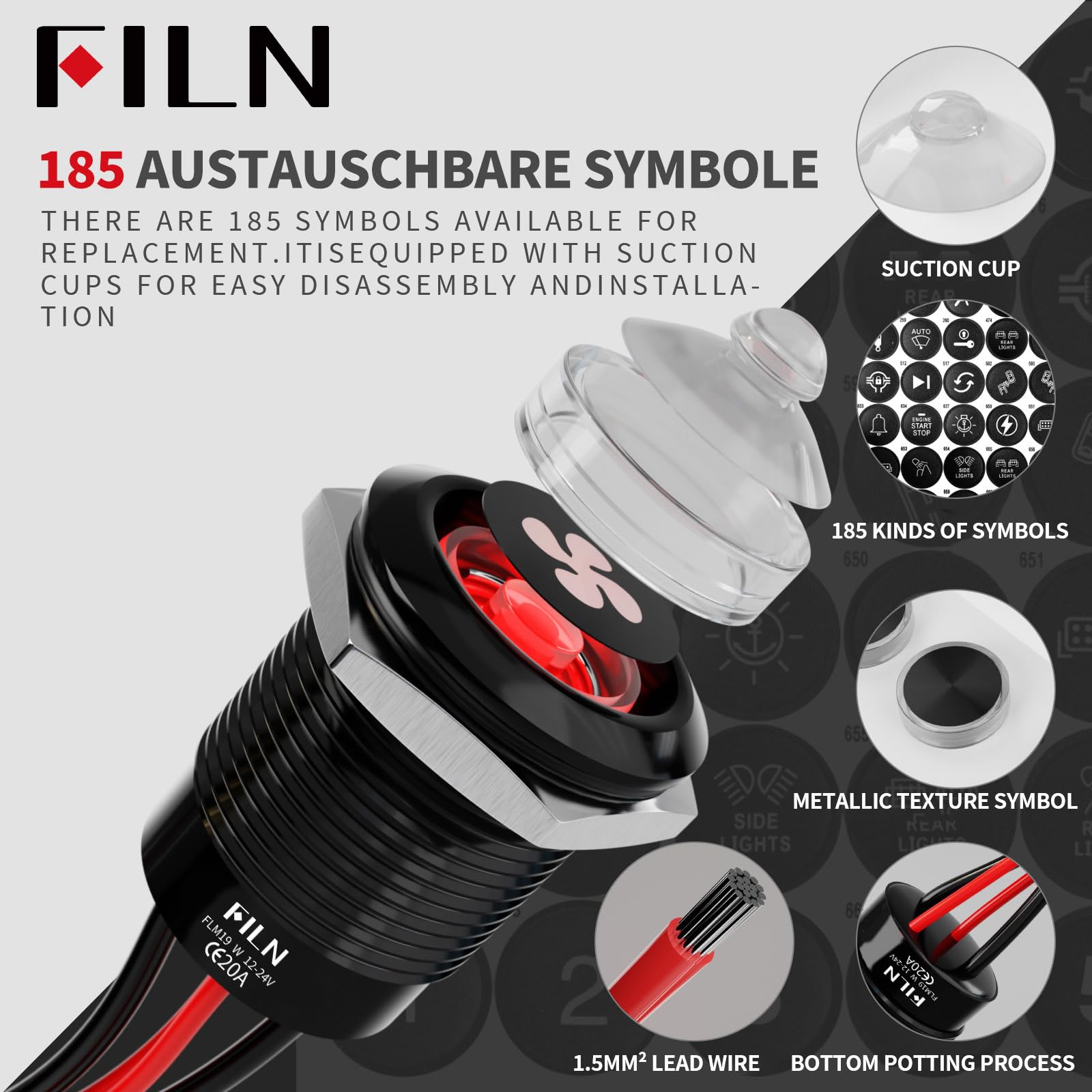 2Stück 19mm LED Schalter vorgegattert mit Kabel，12-24V DC IP67 Ein/Aus Schalter mit 185 Symbolen，für Beleuchtung, Stromversorgung & Industrieanlagen（Rot LED，1CH）