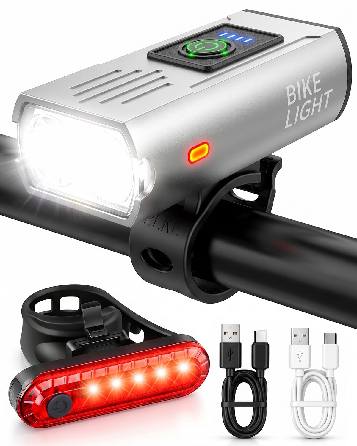 Upgrade Super Bright Front & Back Bike Lights, IPX4 Waterproof USB Rechargeable Bicycle Lights, Easy Install Durable Mountain Cycle Lights for Riding (Z03A-silver)