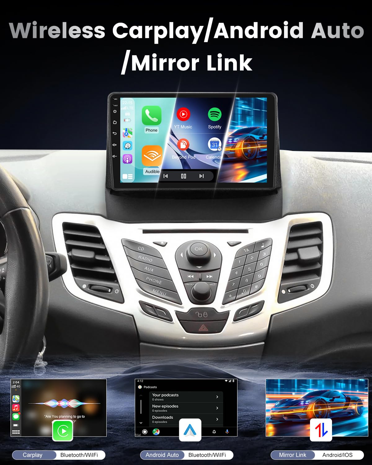 NHOPEEW Autoradio Android 2+64G per Ford Fiesta 2009-2017 con supporto per CarPlay wireless e Android Auto Mirror Link navigazione GPS comandi al volante 40 temi dell'interfaccia utente e video online