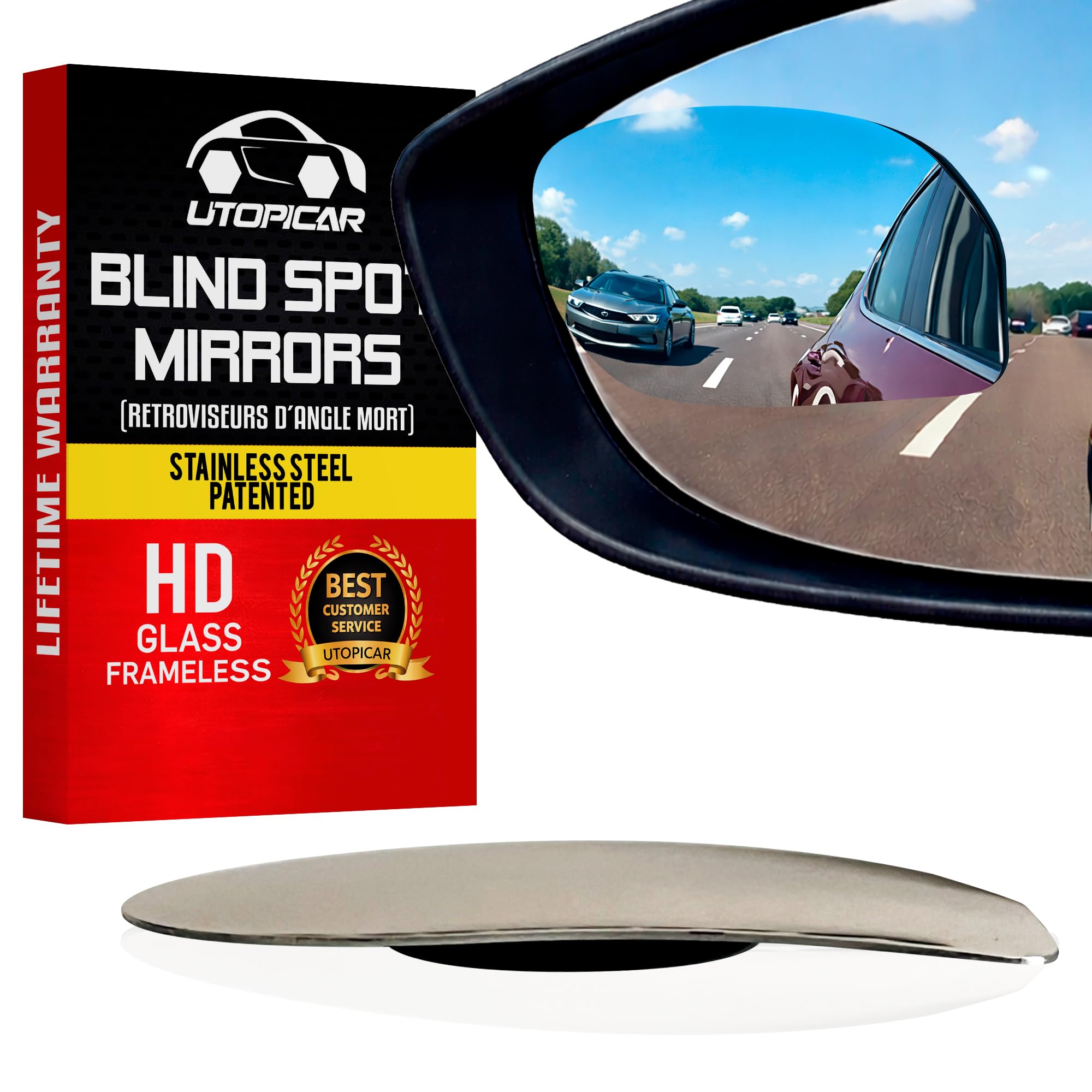 Photo 1 of Blind Spot Mirror Fits All Car Side Mirrors - Patented Stainless Steel Mirrors with Bigger Viewing Image - Less Fogging - Less Sun Reflection by Utopicar Car Accessories